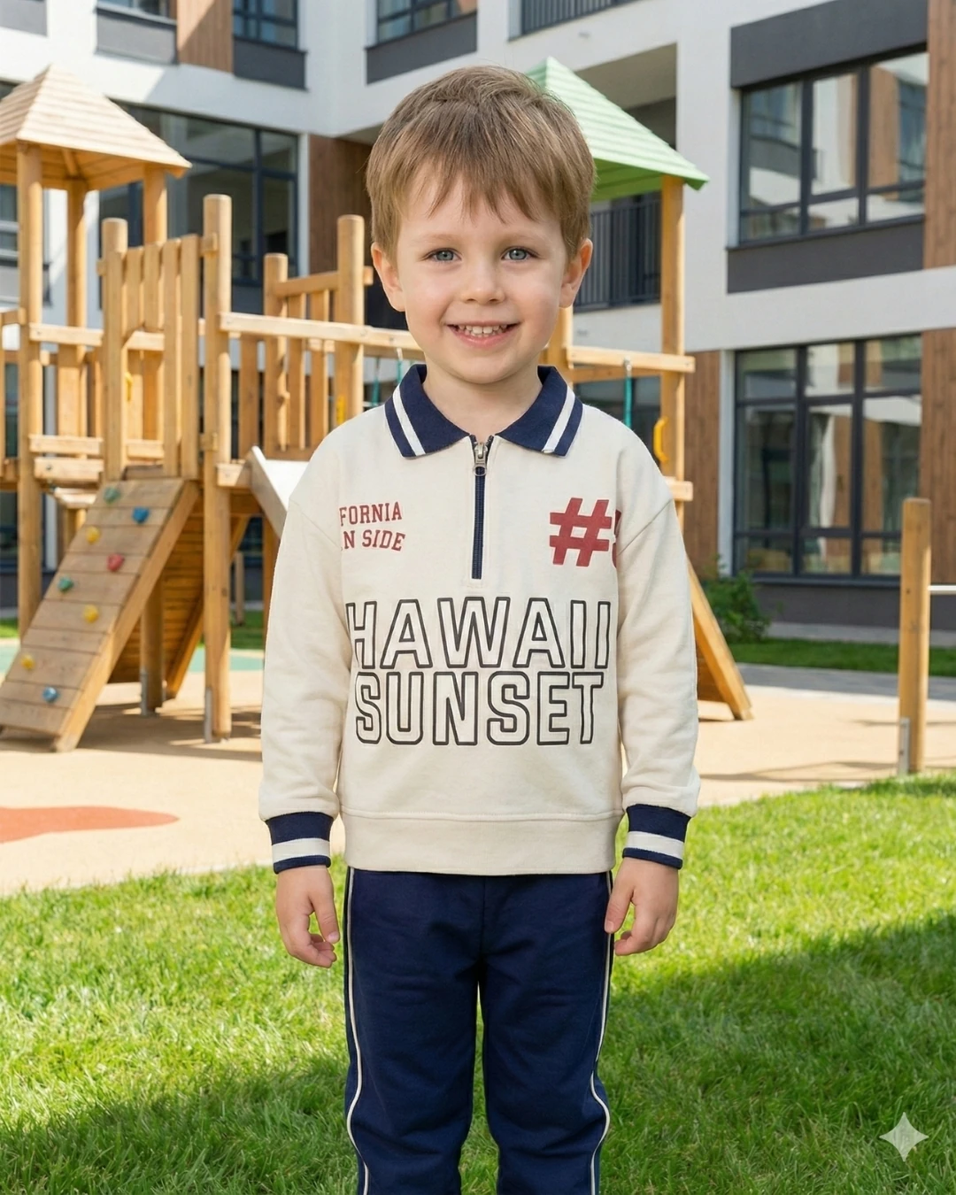 Asliva Unisex Çocuk Lacivert Hawaii Sunset Baskılı Polo Yaka Yarım Fermuarlı Pamuklu Eşofman Takımı