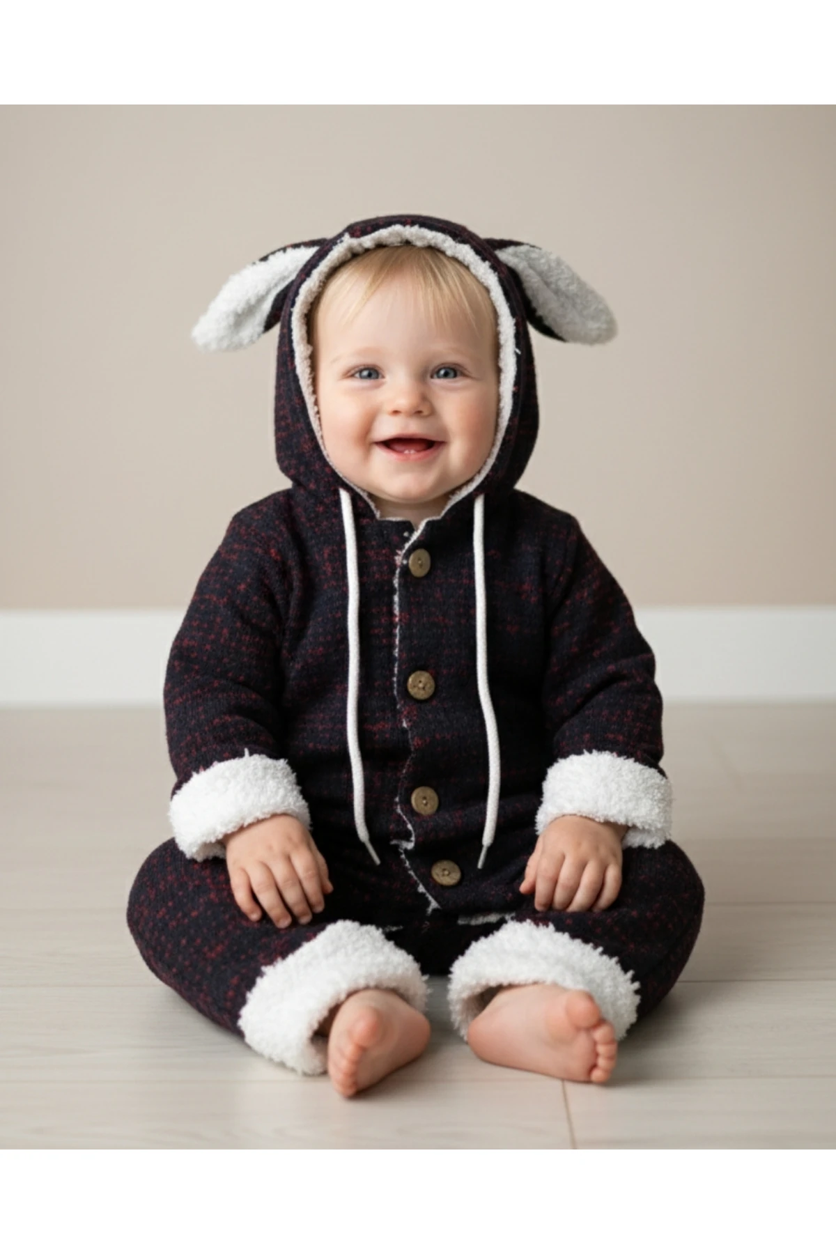 Pamuklu Welsoft Bebek Tulumu Tavşan Kulaklı Kapüşonlu & Düğmeli Siyah - 9-24 Ay