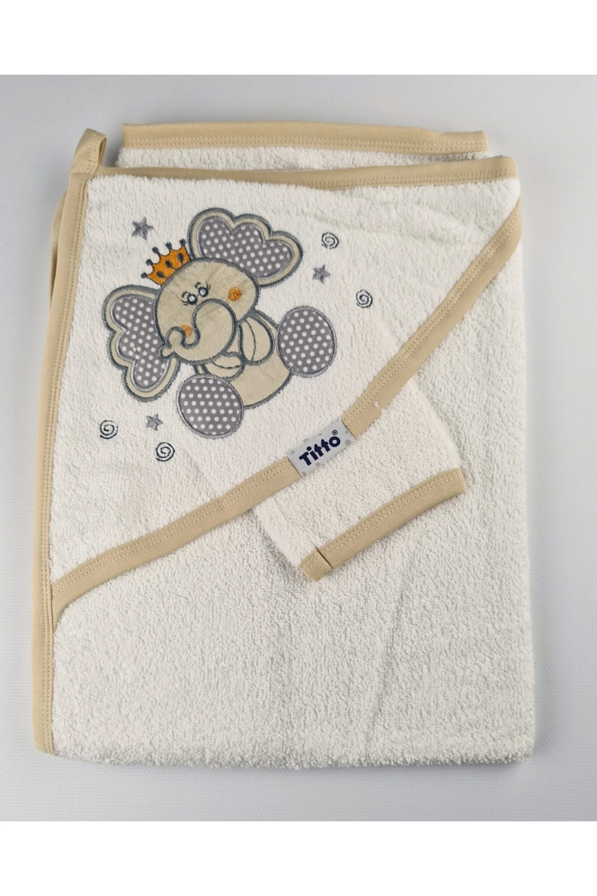 Bebek Banyo Havlusu ve Banyo Lifi - Kapüşonlu Pamuk Kral Fil Desenli - Yeni Doğan - 0-24 Ay