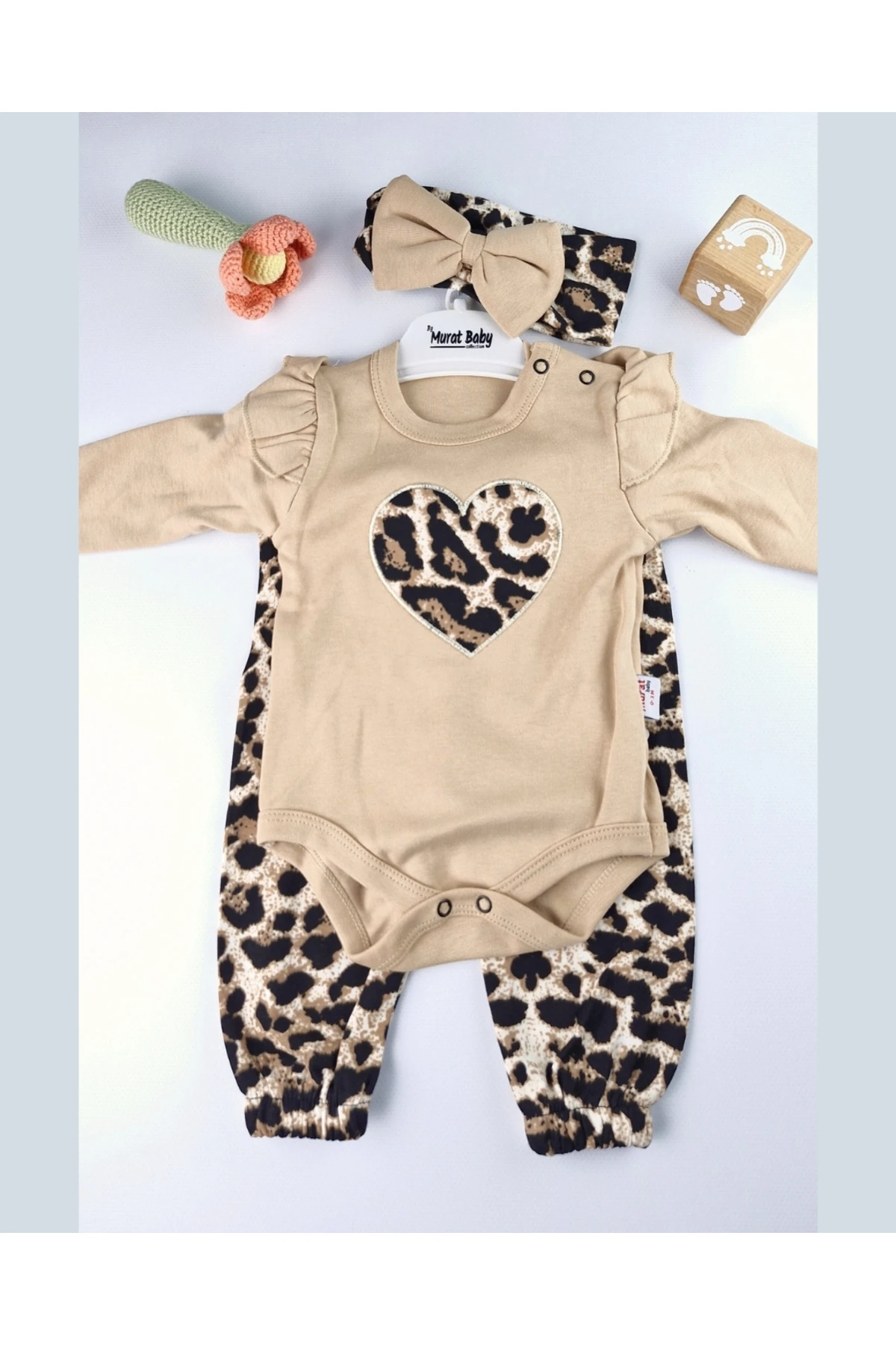 Bebek Takımı Kız Bebek Leopar Desenli Fiyonklu Bandanalı 0-12 Ay Bej/Gül Kurusu