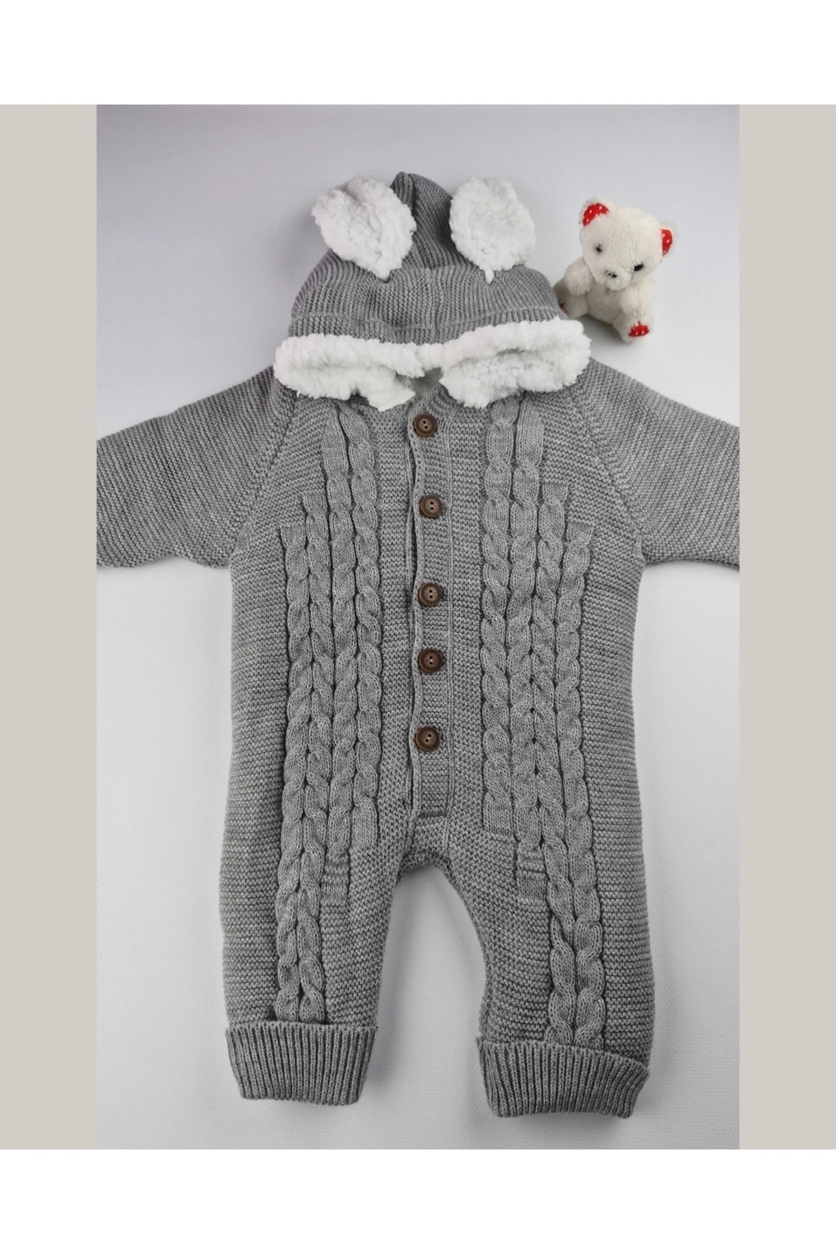 Bebek Triko Tulum – Kapüşonlu Kulak Detaylı Peluş Astarlı Kışlık Bebek Tulumu 6-24 ay