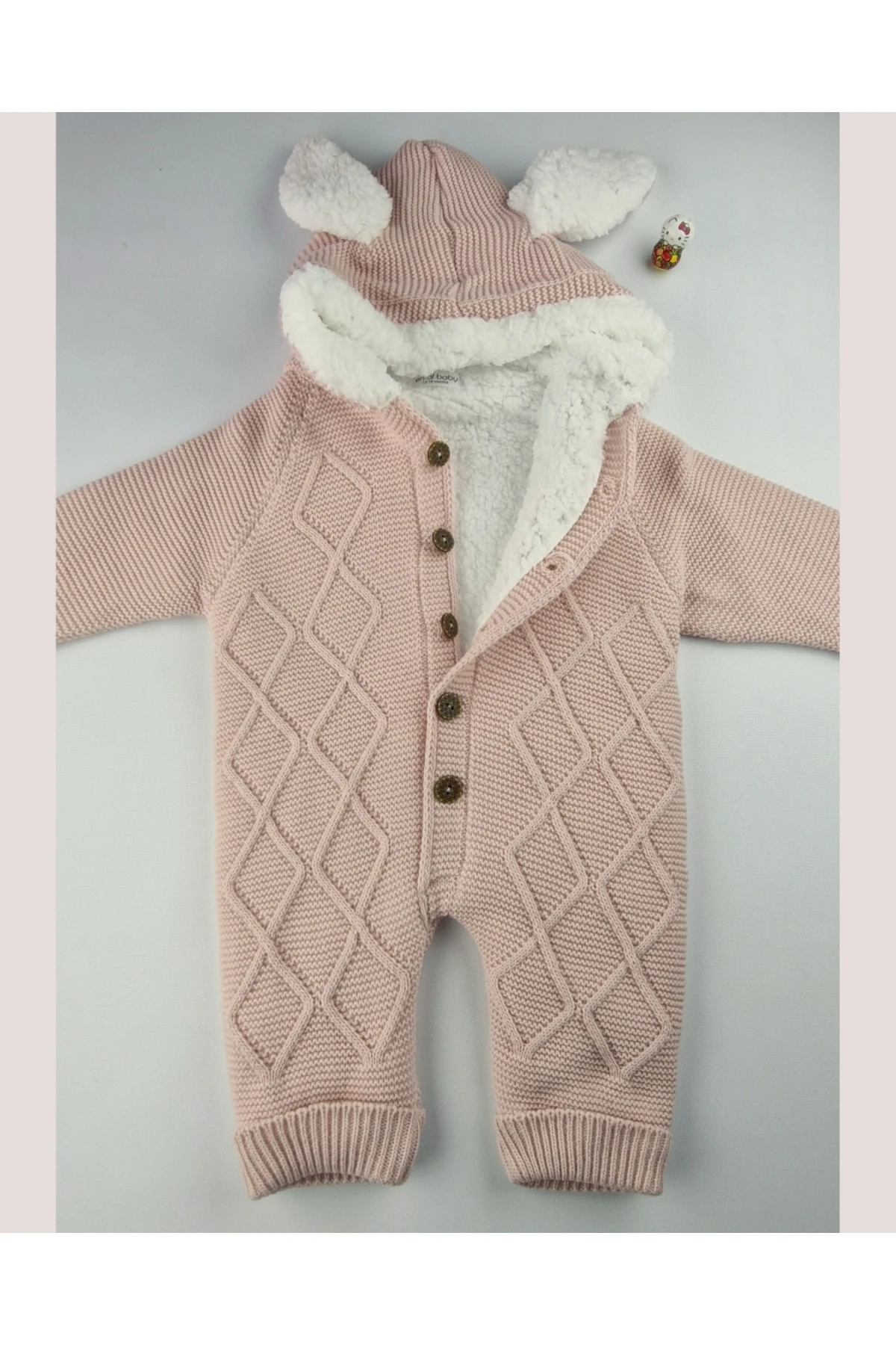Kız Bebek Pudra Pembe Triko Tulum – Peluş Astarlı Kapüşonlu Kışlık (6-24 Ay)