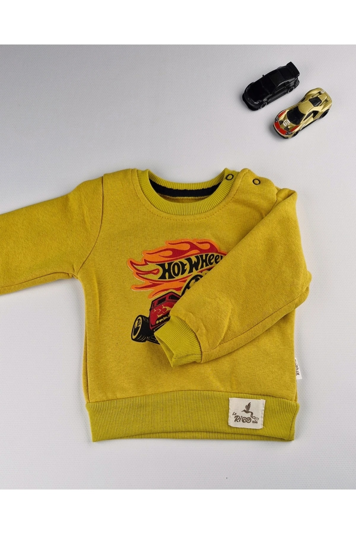 Bebek Hardal Sarısı Araba Baskılı Sweatshirt ve Lacivert Eşofman Takım 9-24 Ay