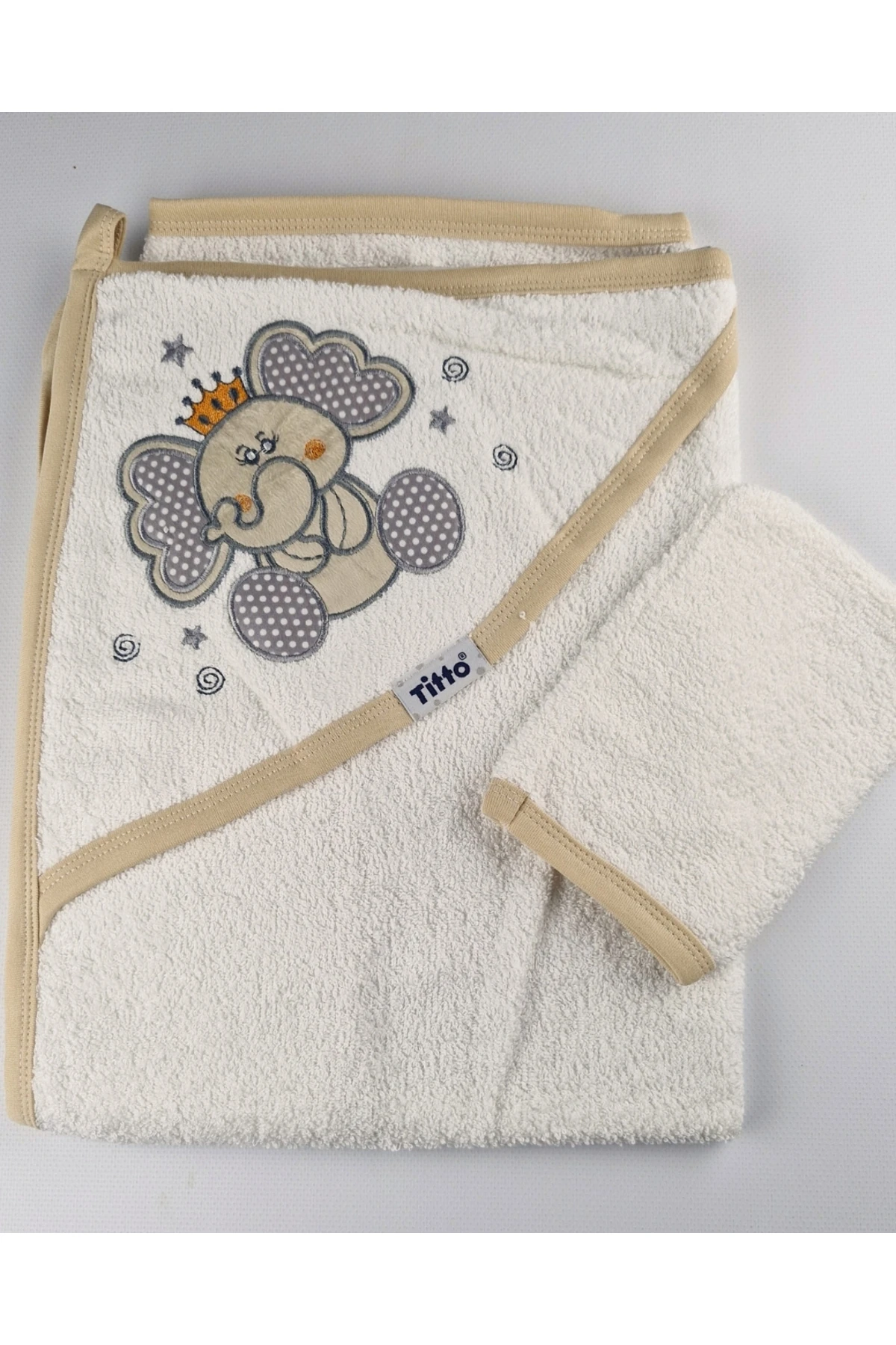 Bebek Banyo Havlusu ve Banyo Lifi - Kapüşonlu Pamuk Kral Fil Desenli - Yeni Doğan - 0-24 Ay