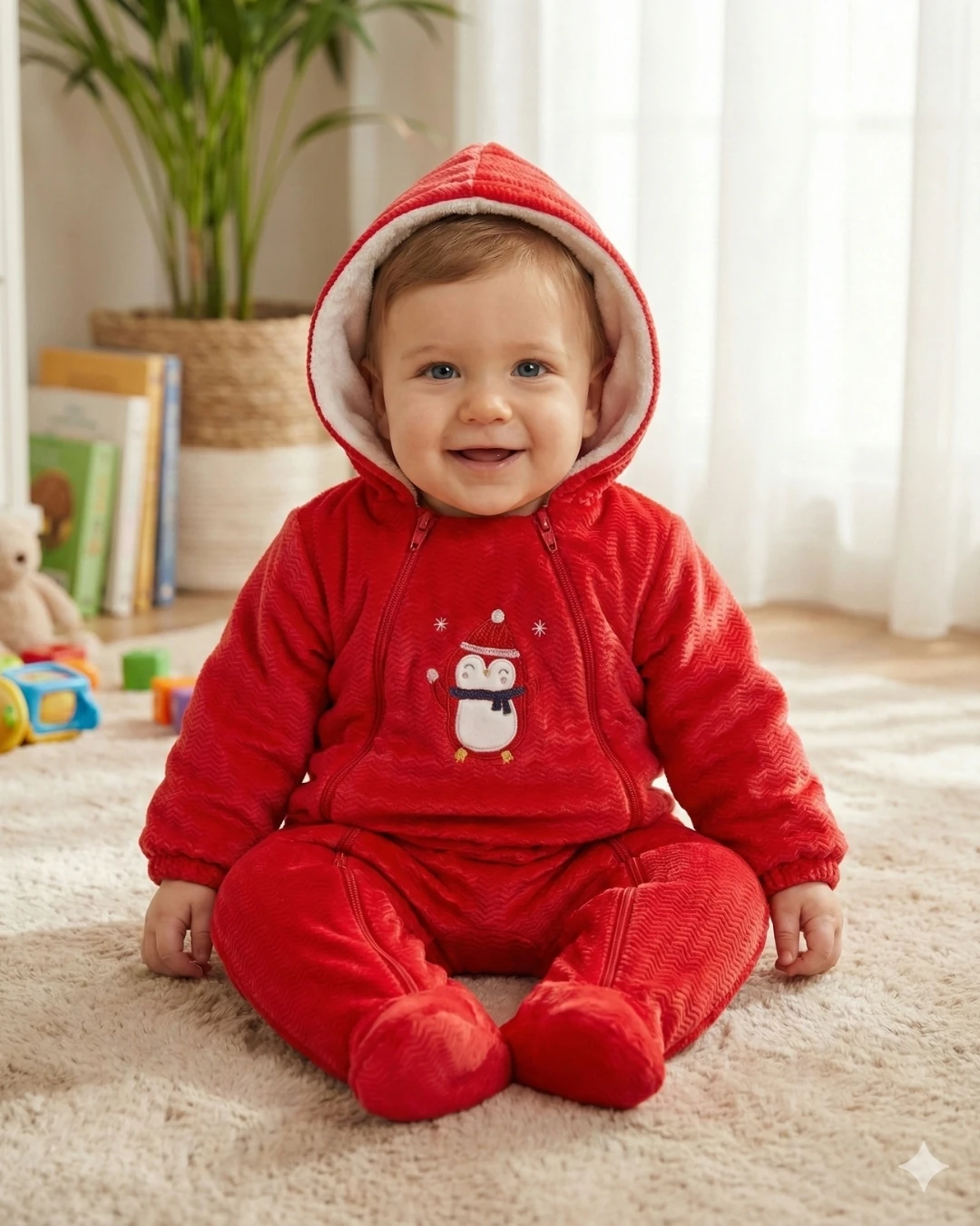 Asliva Kırmızı Penguen Nakışlı Kadife İçi Peluş Welsoft Çift Fermuarlı Kışlık Astronot Tulum-3-12 ay