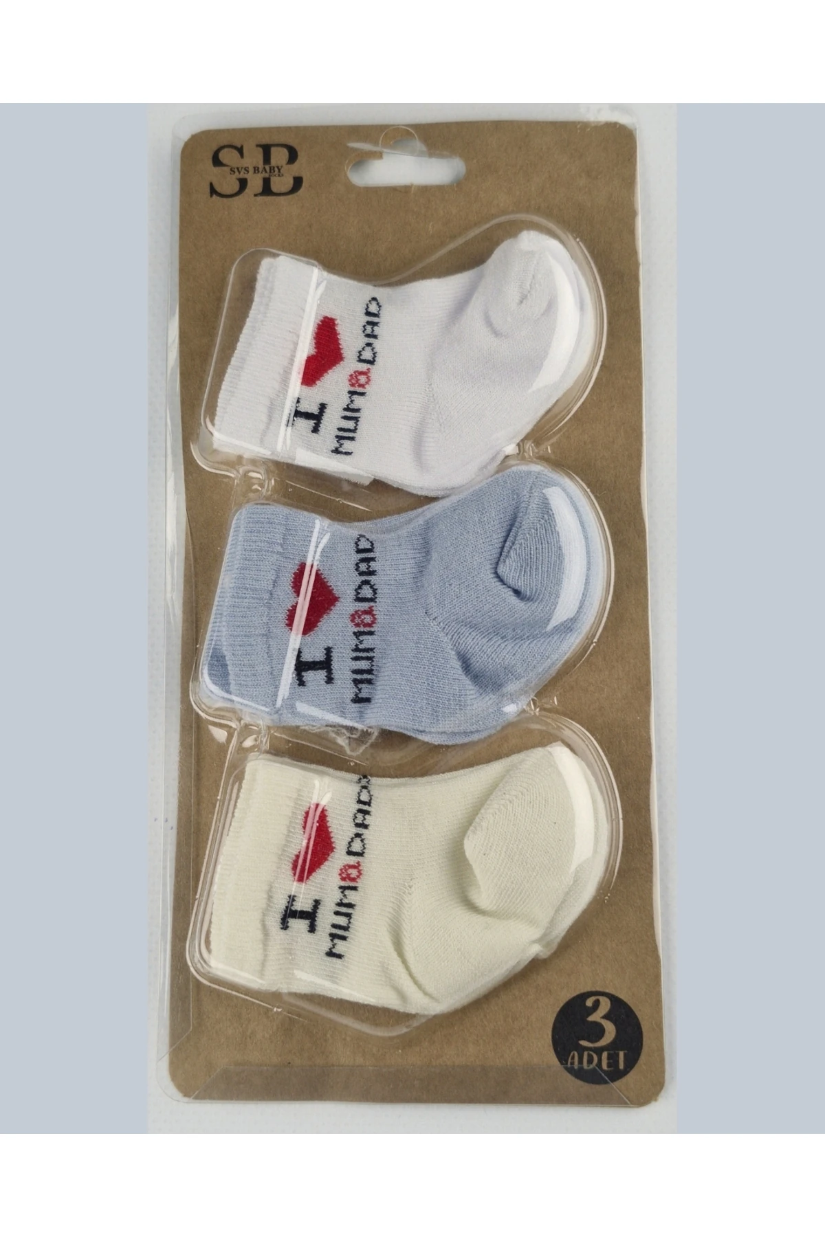 Kız & Erkek Bebek Çorap Seti 3'lü "I Love Mum & Dad" Yazılı - 0-18 Ay