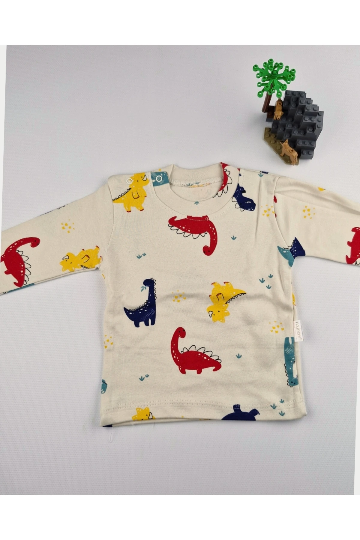 Dinozor Desenli Pamuk Bebek&Çocuk Ribanalı Uzun Kollu Omuzdan çıtçıtlı Sweat - 3,6,9 Ay-1,2,3 Yaş