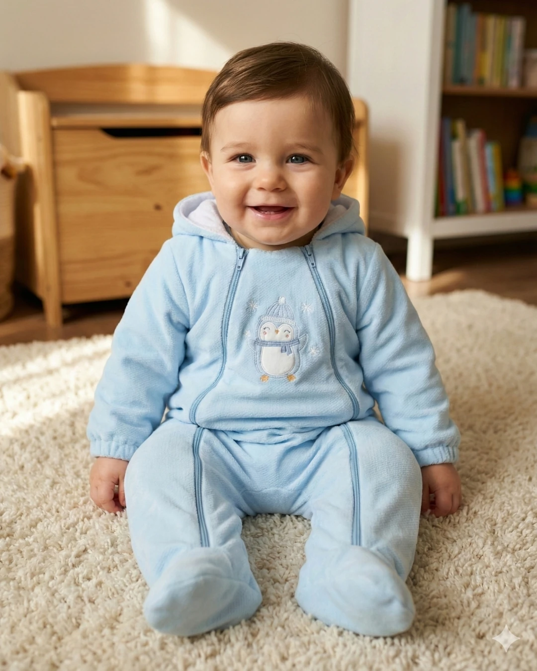 Asliva Mavi Penguen Nakışlı Kadife İçi Peluş Welsoft Çift Fermuarlı Kışlık Kozmonot Tulum - 3-12 ay