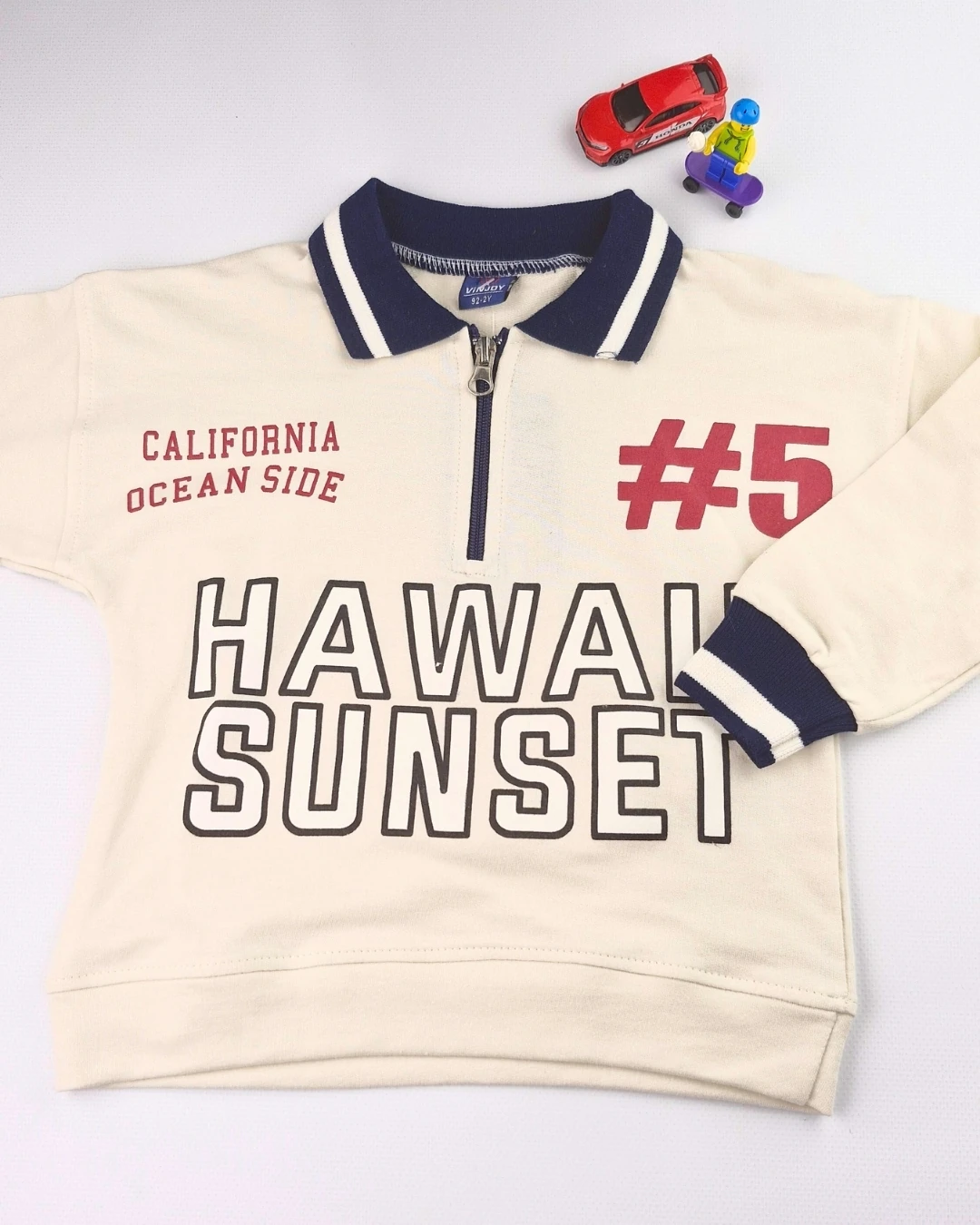 Asliva Unisex Çocuk Lacivert Hawaii Sunset Baskılı Polo Yaka Yarım Fermuarlı Pamuklu Eşofman Takımı