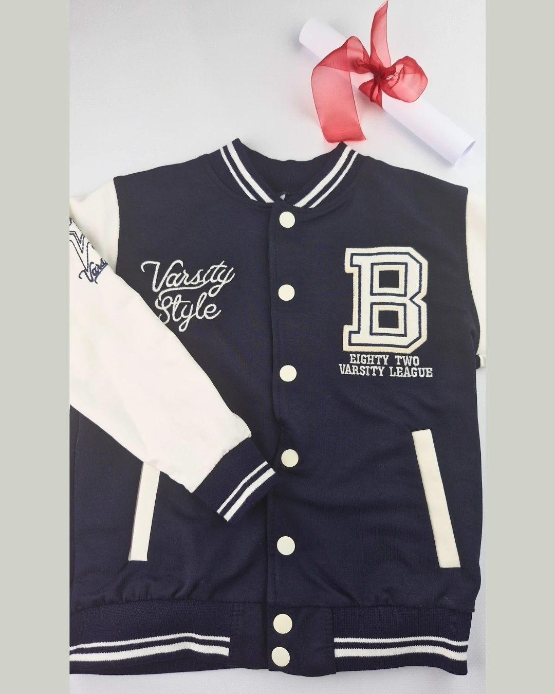 Asliva Çocuk Lacivert Beyaz Kolej Ceket Varsity Style B Harf Nakışlı Ceket (6-9 Yaş)