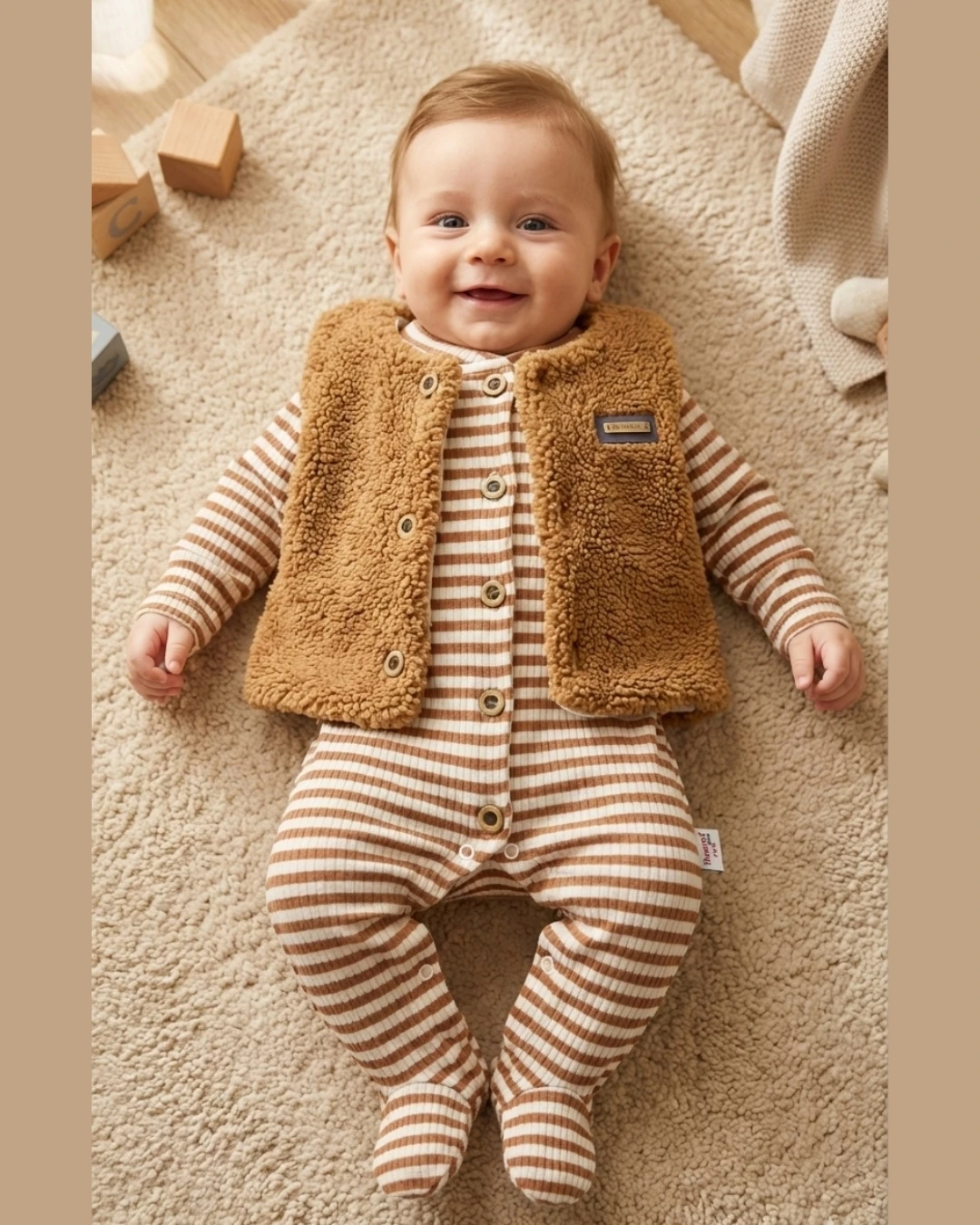 Asliva Erkek Bebek Peluş Yelekli Çizgili Pamuklu Patikli Tulum 2'li Takım (0-6 Ay)