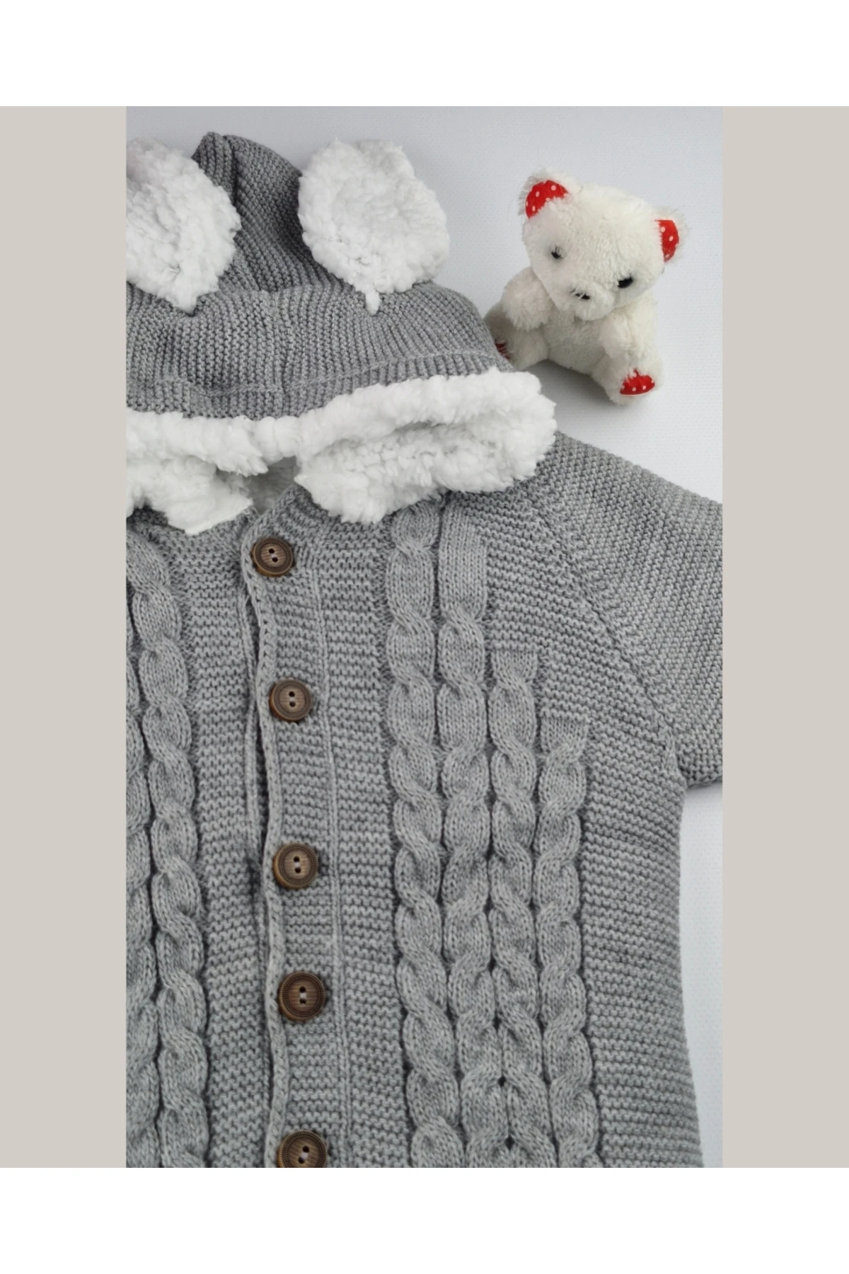 Bebek Triko Tulum – Kapüşonlu Kulak Detaylı Peluş Astarlı Kışlık Bebek Tulumu 6-24 ay