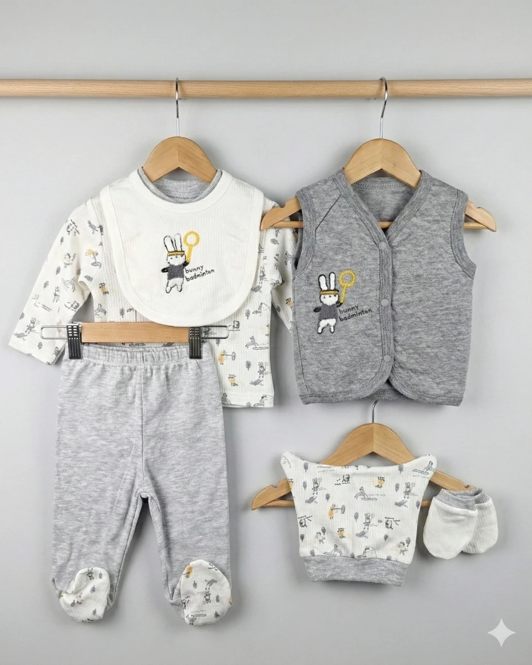 Asliva Nakışlı 6'lı Lüks Yenidoğan Hastane Çıkışı Seti - Gri Melanj Pamuk Bebek Takımı
