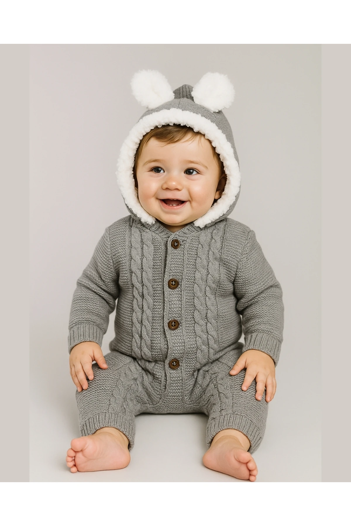Bebek Triko Tulum – Kapüşonlu Kulak Detaylı Peluş Astarlı Kışlık Bebek Tulumu 6-24 ay