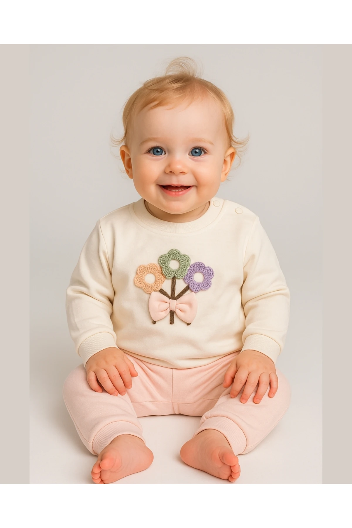 Kız Bebek 2’li Takım – Çiçek İşlemeli Sweat & Pantolon 3/6/9 Ay