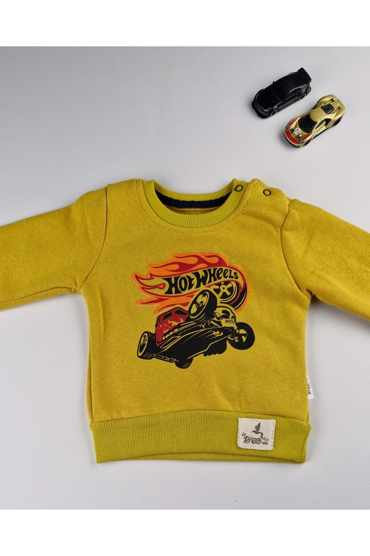 Bebek Hardal Sarısı Araba Baskılı Sweatshirt ve Lacivert Eşofman Takım 9-24 Ay