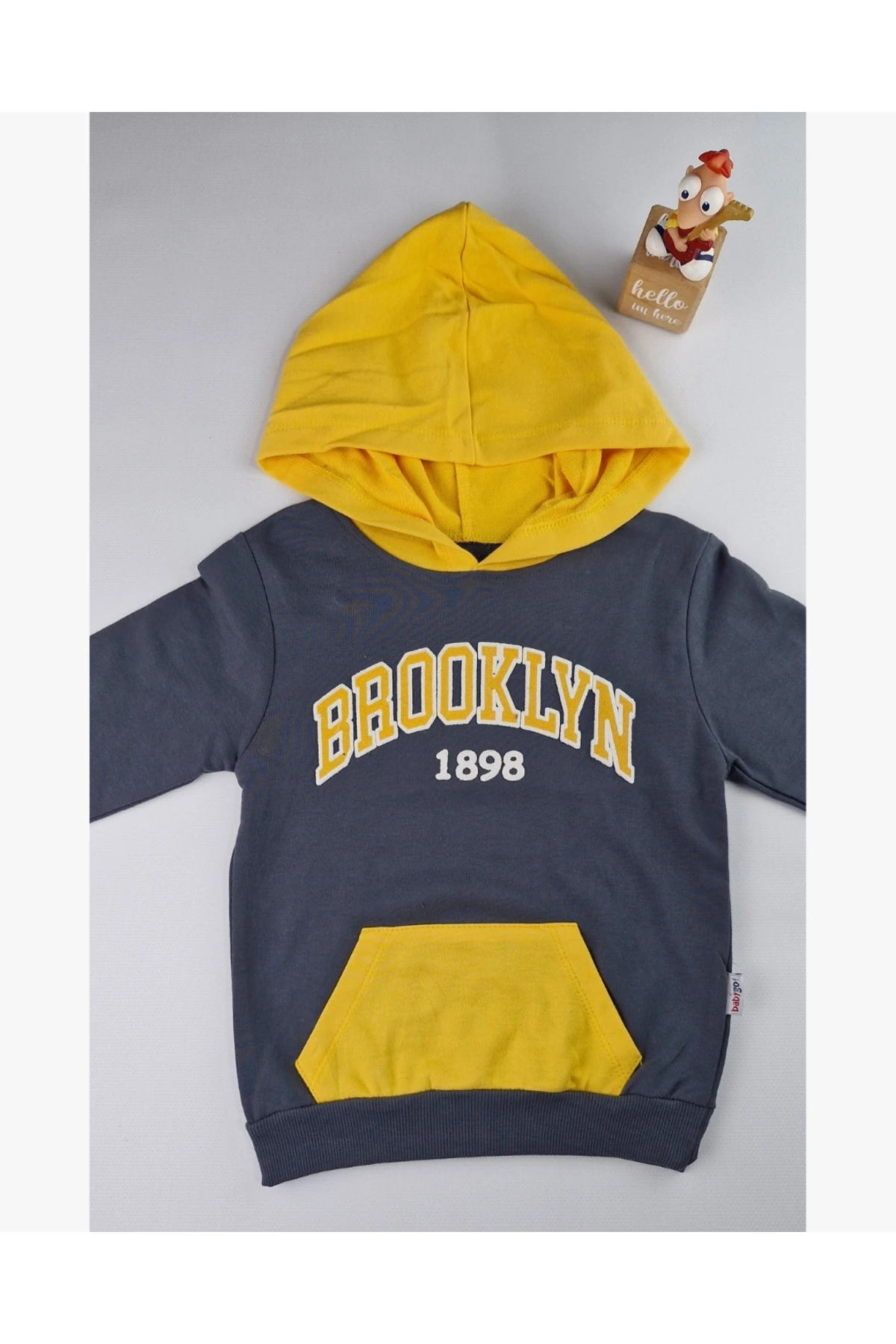 Çocuk Brooklyn Baskılı Pamuklu Kapüşonlu Eşofman Takımı 3-6 Yaş Gri Sarı