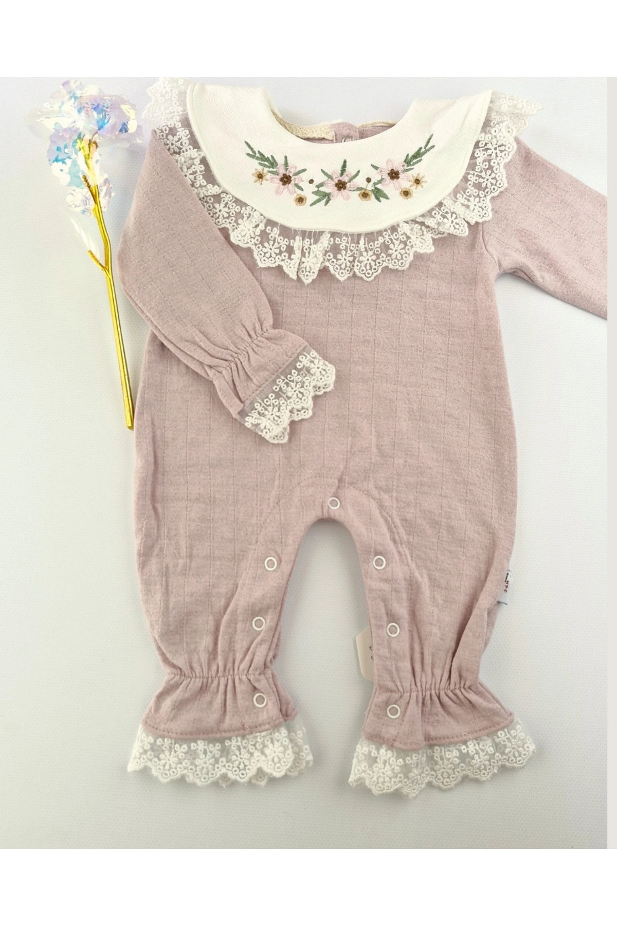 Kız Bebek Dantelli Gül Kurusu Pamuklu Tulum 0-12 Ay