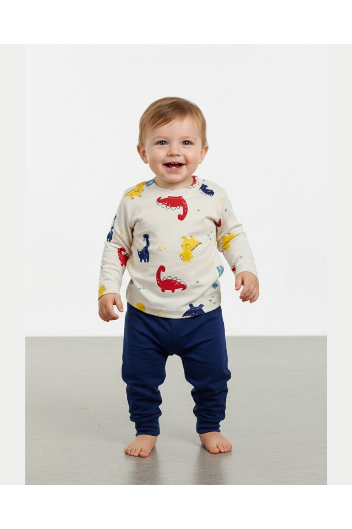 Dinozor Desenli Pamuk Bebek&Çocuk Ribanalı Uzun Kollu Omuzdan çıtçıtlı Sweat - 3,6,9 Ay-1,2,3 Yaş
