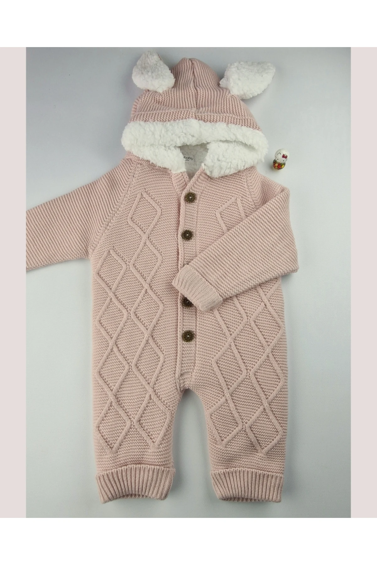 Kız Bebek Pudra Pembe Triko Tulum – Peluş Astarlı Kapüşonlu Kışlık (6-24 Ay)