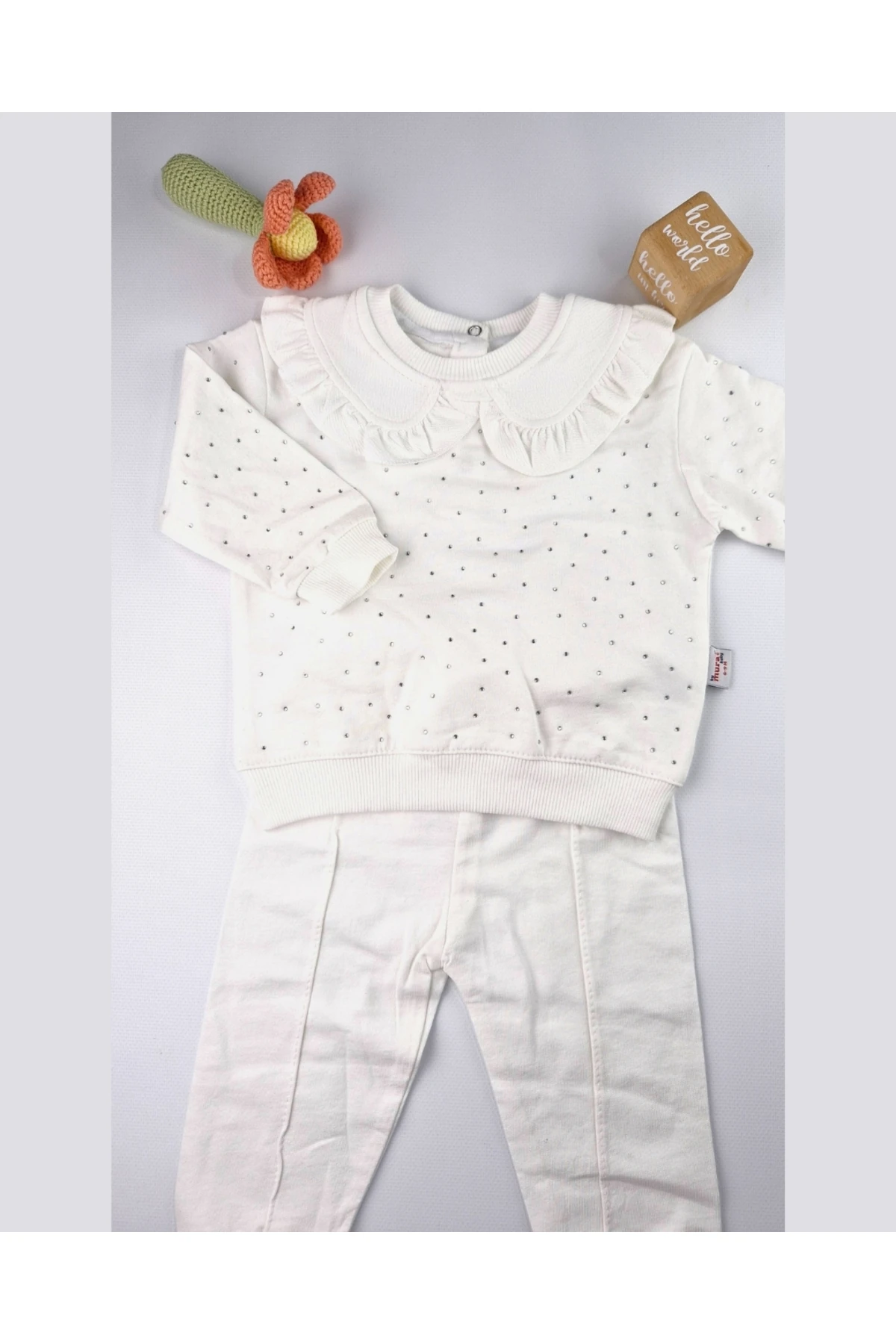 Asliva Kız Bebek Bebe Yaka Parlak Boncuklu Pamuklu 2'li Takım Beyaz (6-24 Ay)