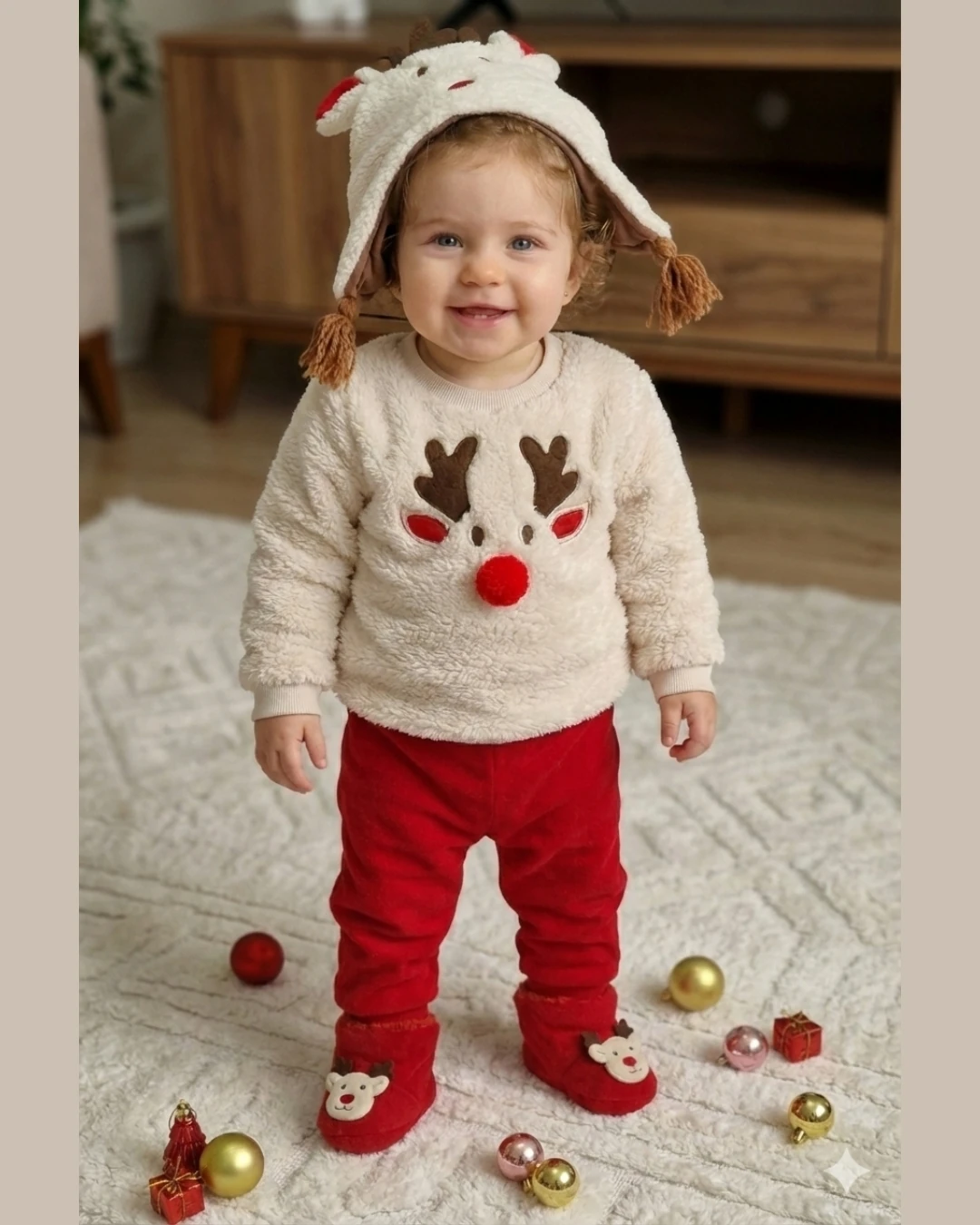 Asliva Geyikli Bebek Takımı - Peluş Sherpa Üst Alt Şapka Patik 4'lü Set - Yılbaşı Kombini - 6-24 Ay