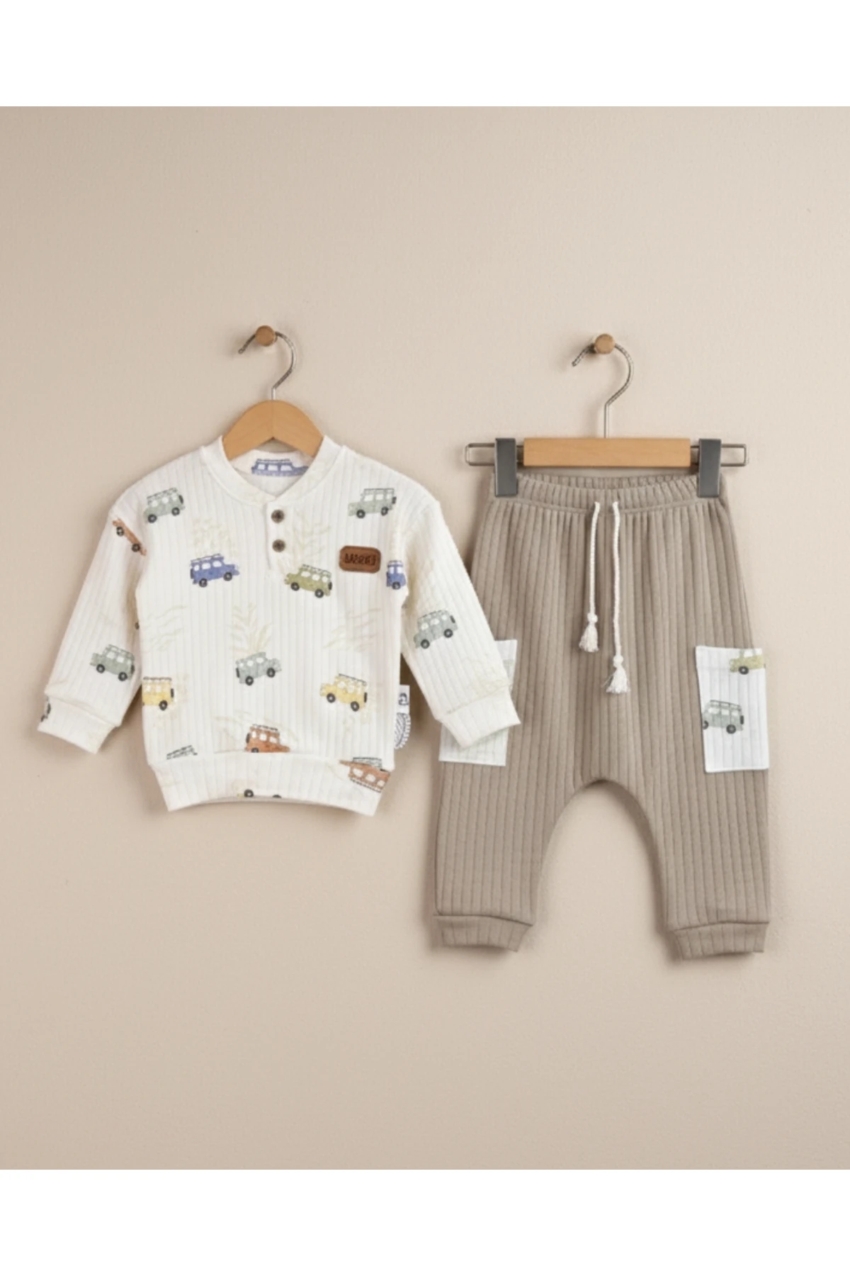 Asliva Safari Desenli Ribanalı %100 Pamuk Unisex Bebek Takımı (3-12 Ay)