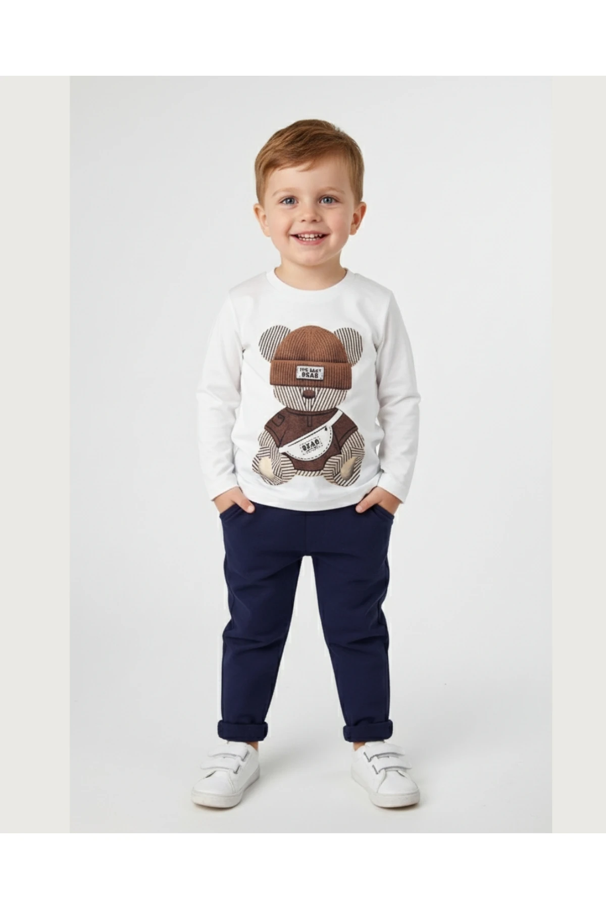 3'lü Kışlık Erkek Çocuk Takımı Ayıcık baskılı Kapüşonlu Eşofman (1-4 Yaş)