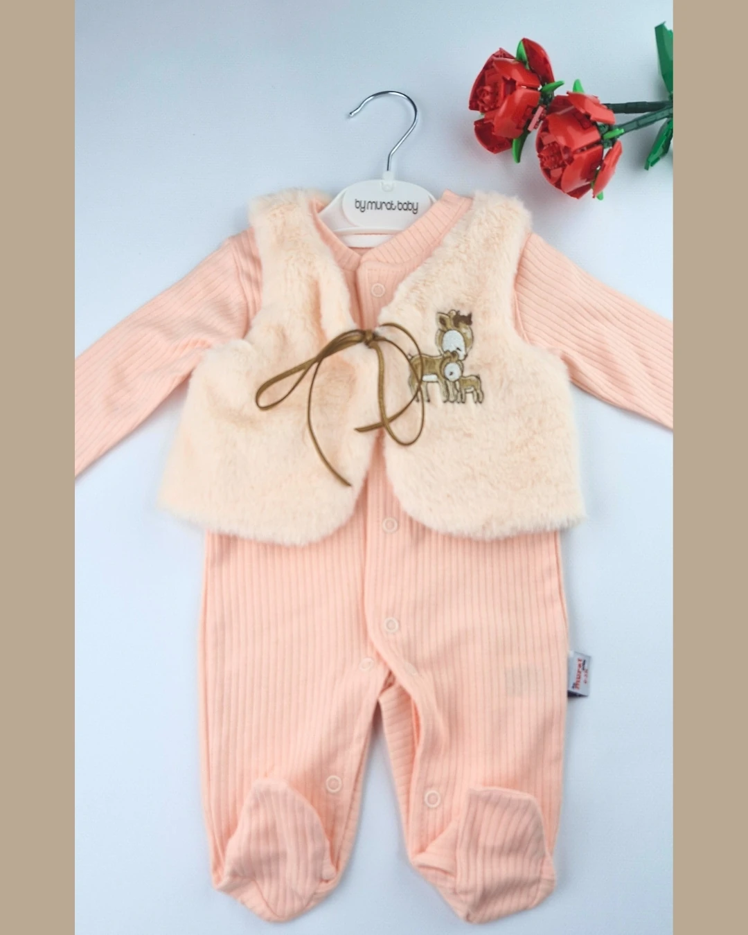 Asliva Bebek Somon Fitilli Tulum ve Geyik Nakışlı Peluş Yelek Takım 2'li Set