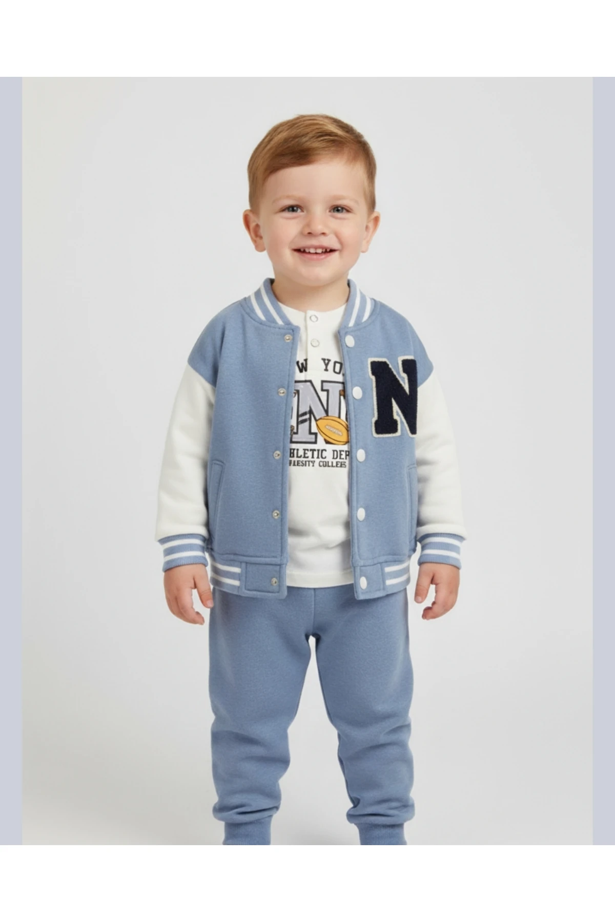 NYC Nakışlı Unisex Kolej Çocuk Takımı 3'lü Ceket Sweat Pantolon (Bej & Mavi)