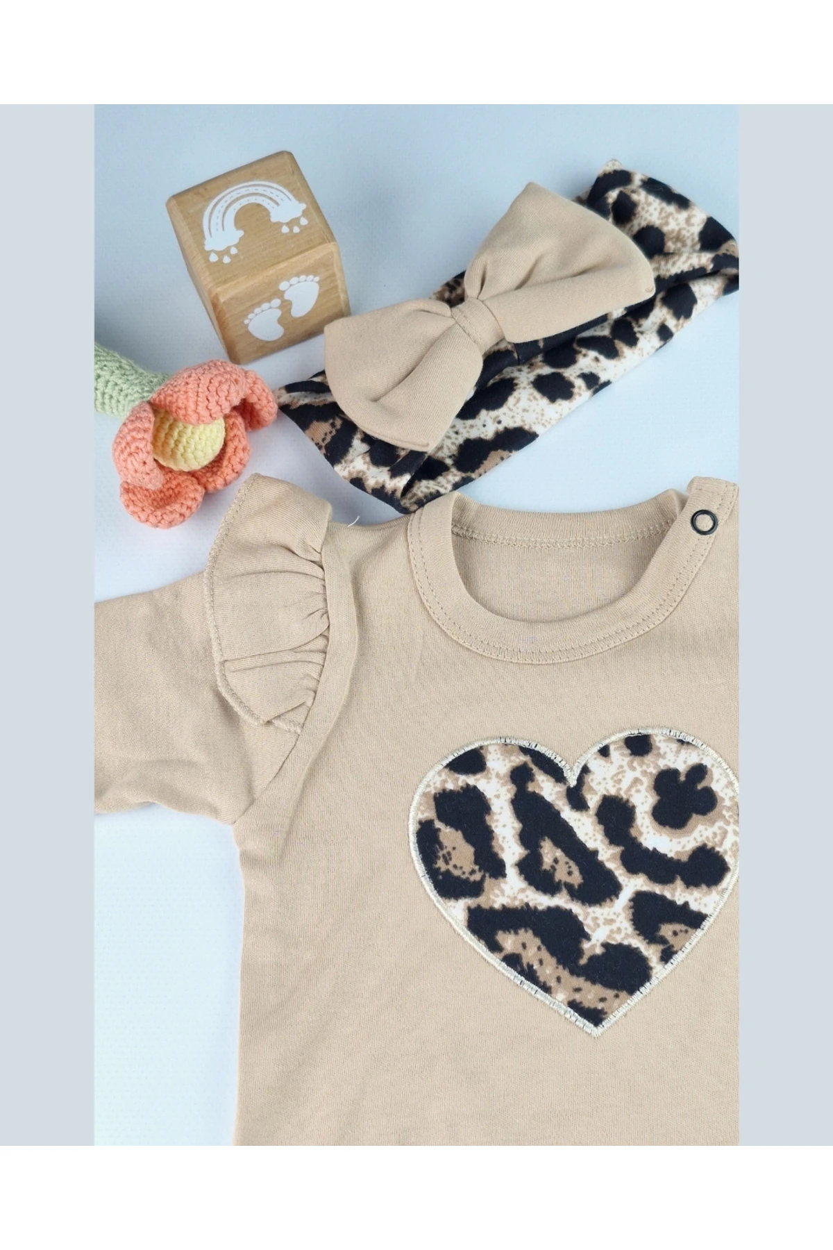 Bebek Takımı Kız Bebek Leopar Desenli Fiyonklu Bandanalı 0-12 Ay Bej/Gül Kurusu