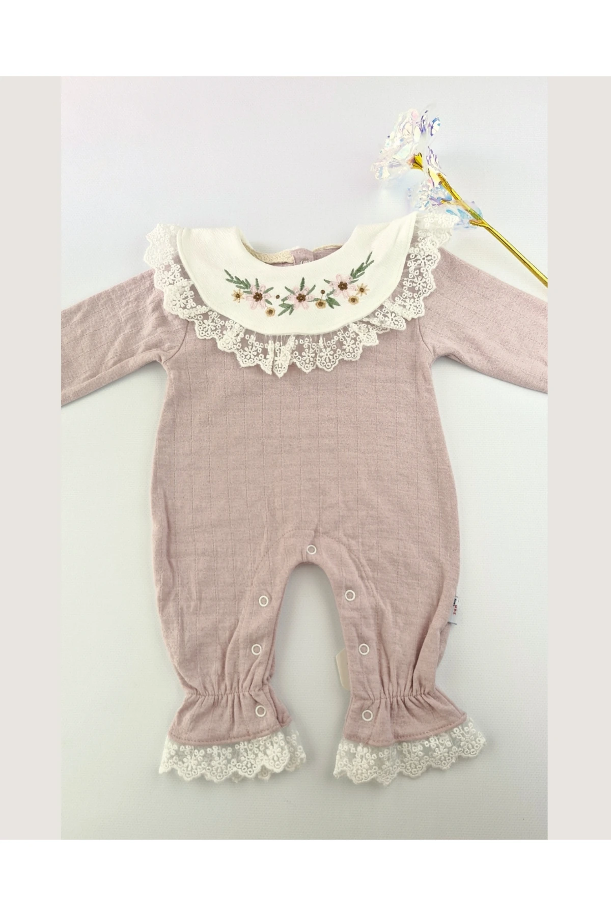 Kız Bebek Dantelli Gül Kurusu Pamuklu Tulum 0-12 Ay