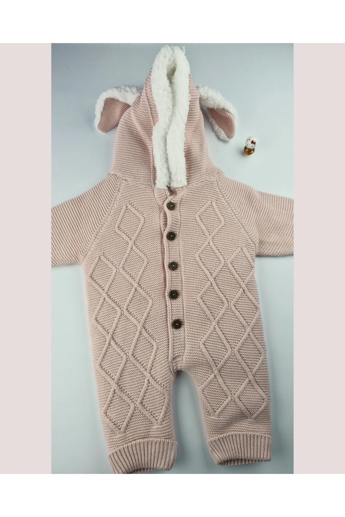 Kız Bebek Pudra Pembe Triko Tulum – Peluş Astarlı Kapüşonlu Kışlık (6-24 Ay)