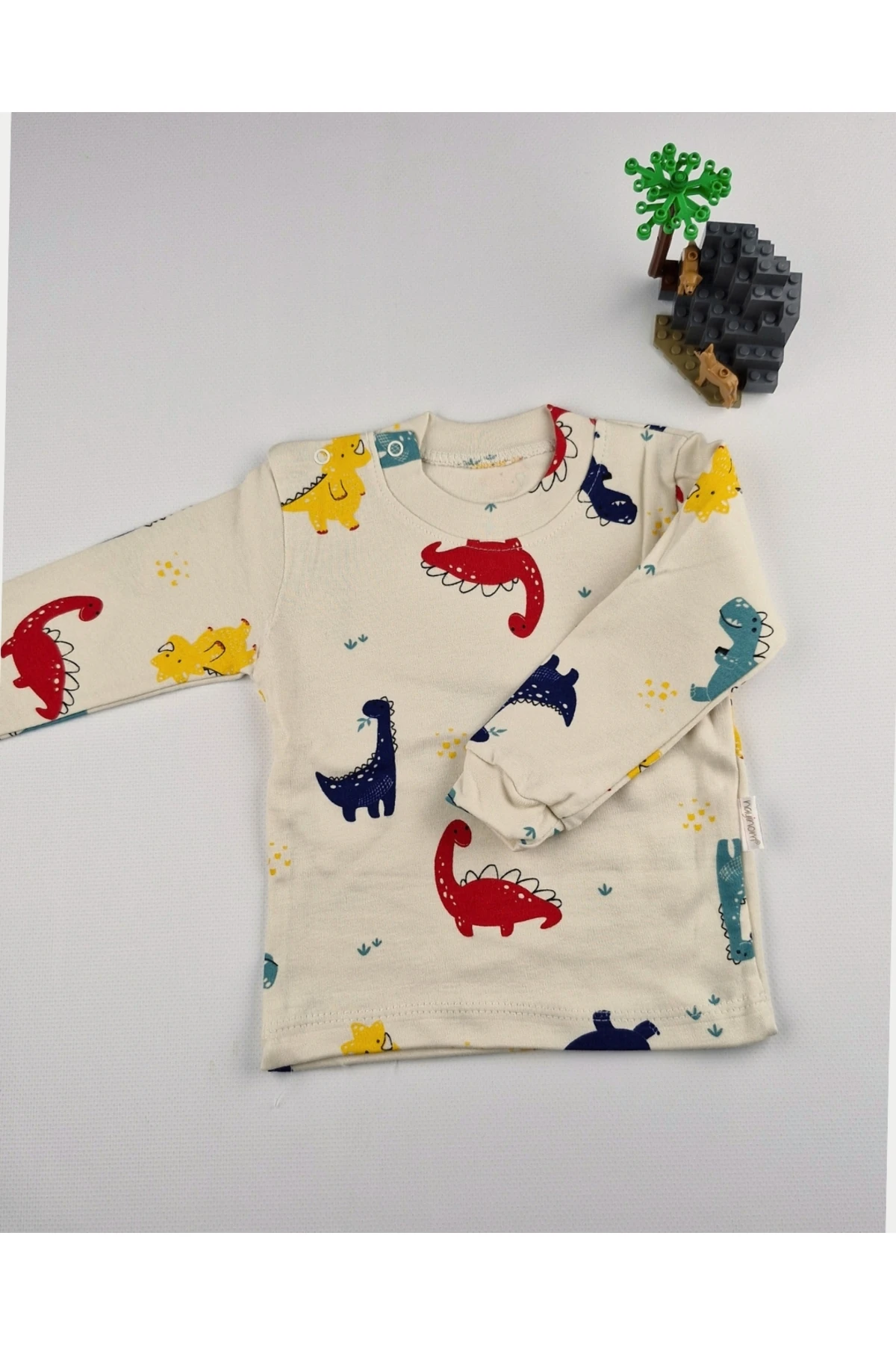 Dinozor Desenli Pamuk Bebek&Çocuk Ribanalı Uzun Kollu Omuzdan çıtçıtlı Sweat - 3,6,9 Ay-1,2,3 Yaş