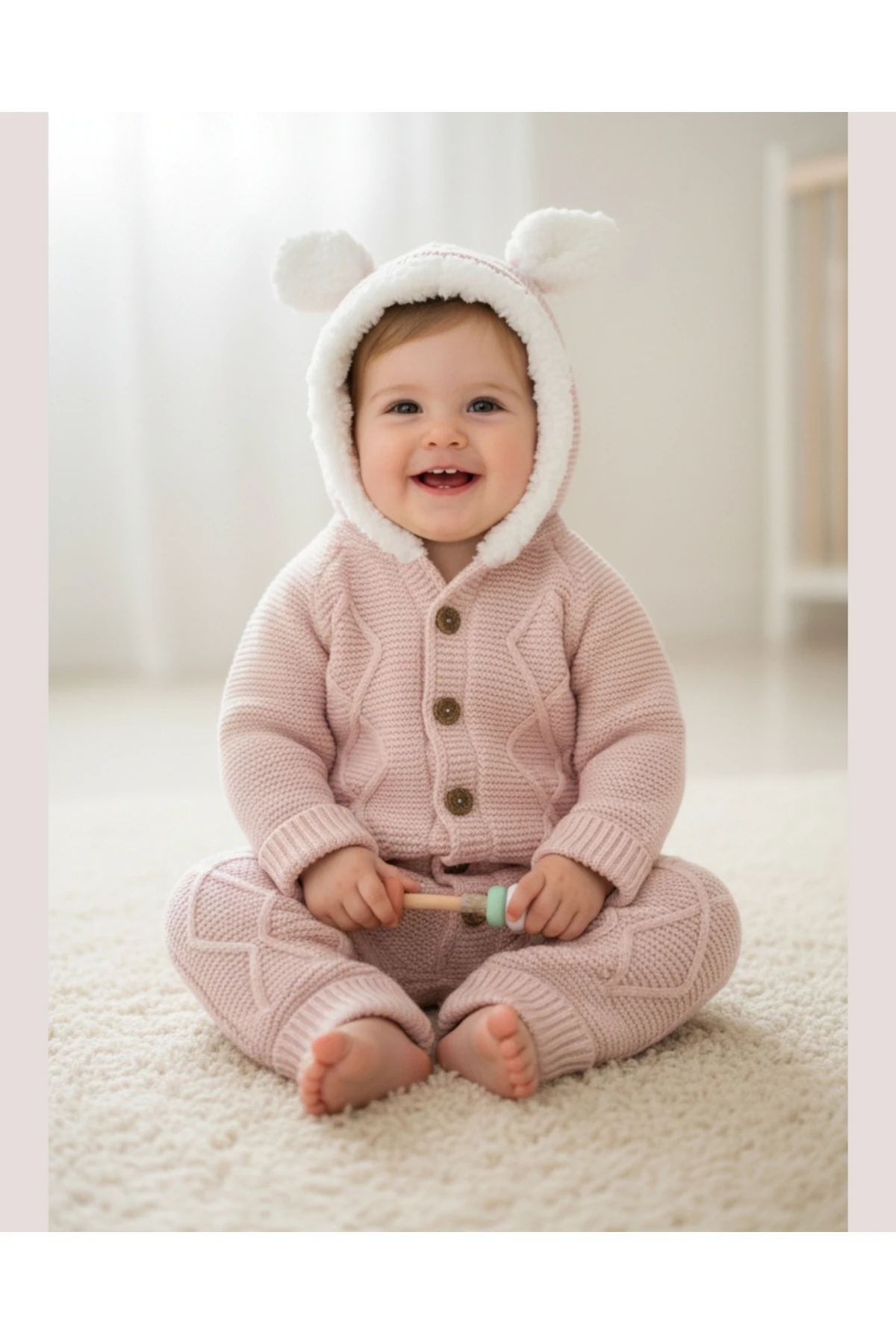 Kız Bebek Pudra Pembe Triko Tulum – Peluş Astarlı Kapüşonlu Kışlık (6-24 Ay)