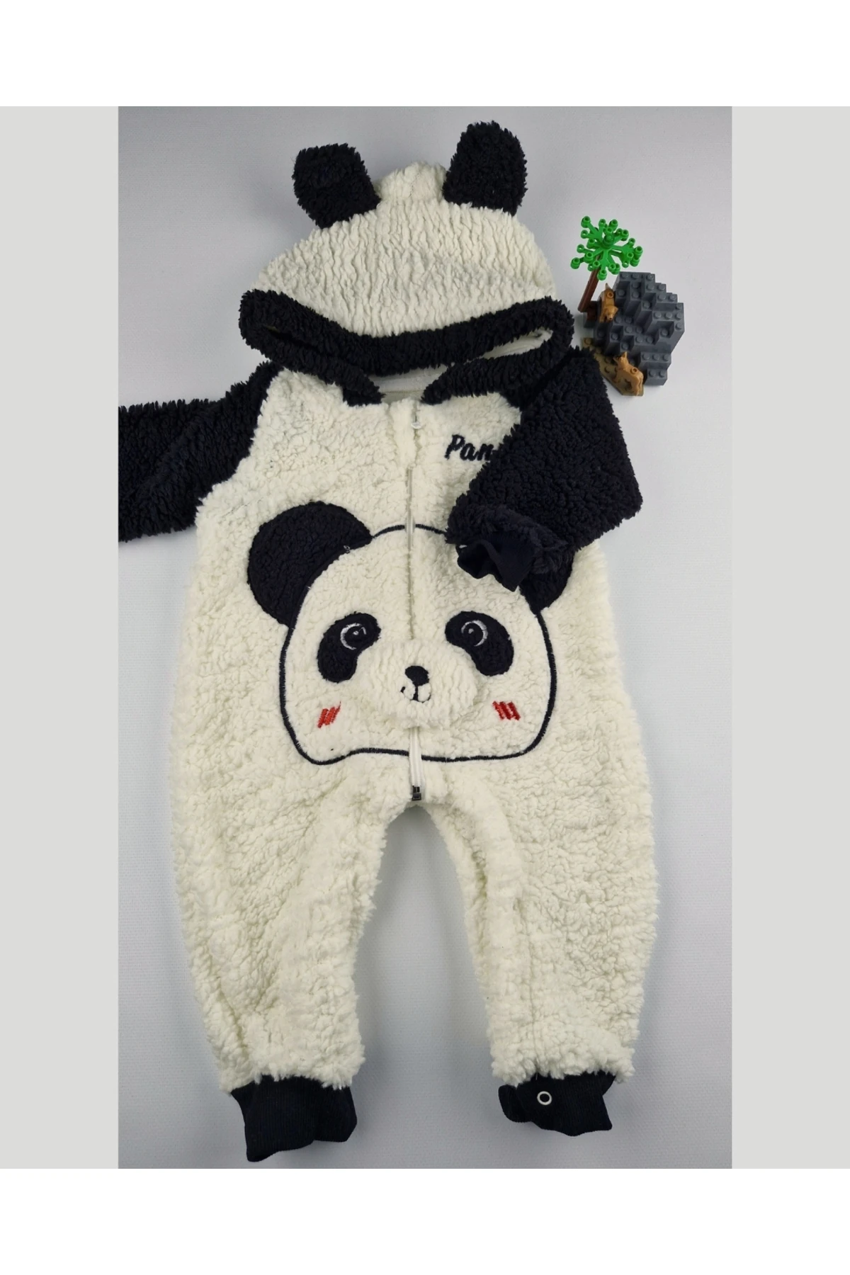 Peluş Panda Bebek Tulumu - Kapüşonlu, Fermuarlı, Alttan çıtçıtlı Pamuklu 0-12 Ay