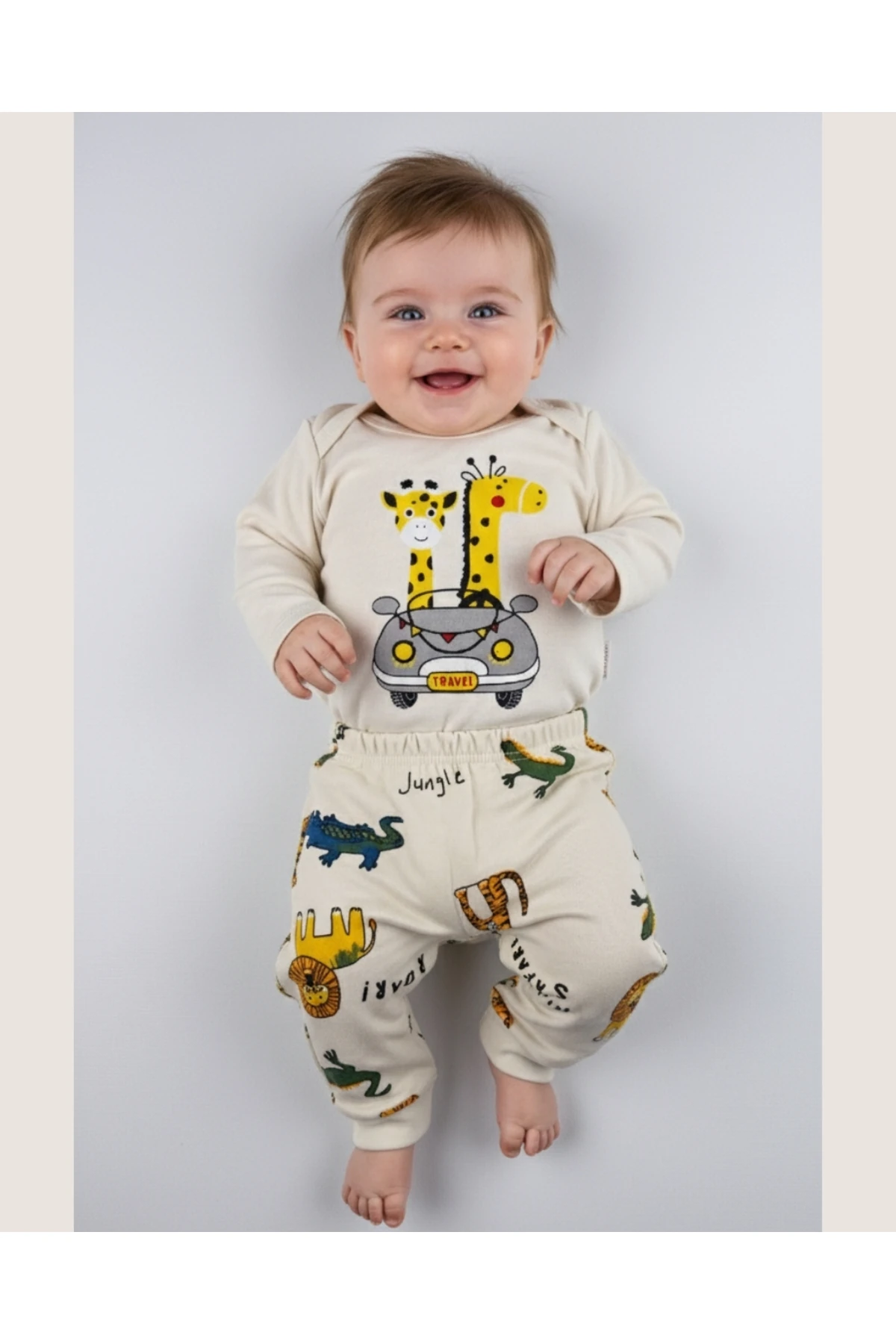 Uzun Kollu Pamuk Safari Baskılı Bebek çıtçıtlı Body & Alt Takım – Krem/Mavi - 0-9 Ay