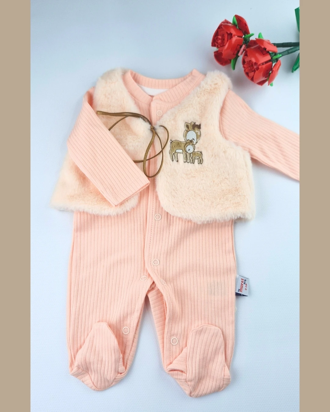 Asliva Bebek Somon Fitilli Tulum ve Geyik Nakışlı Peluş Yelek Takım 2'li Set