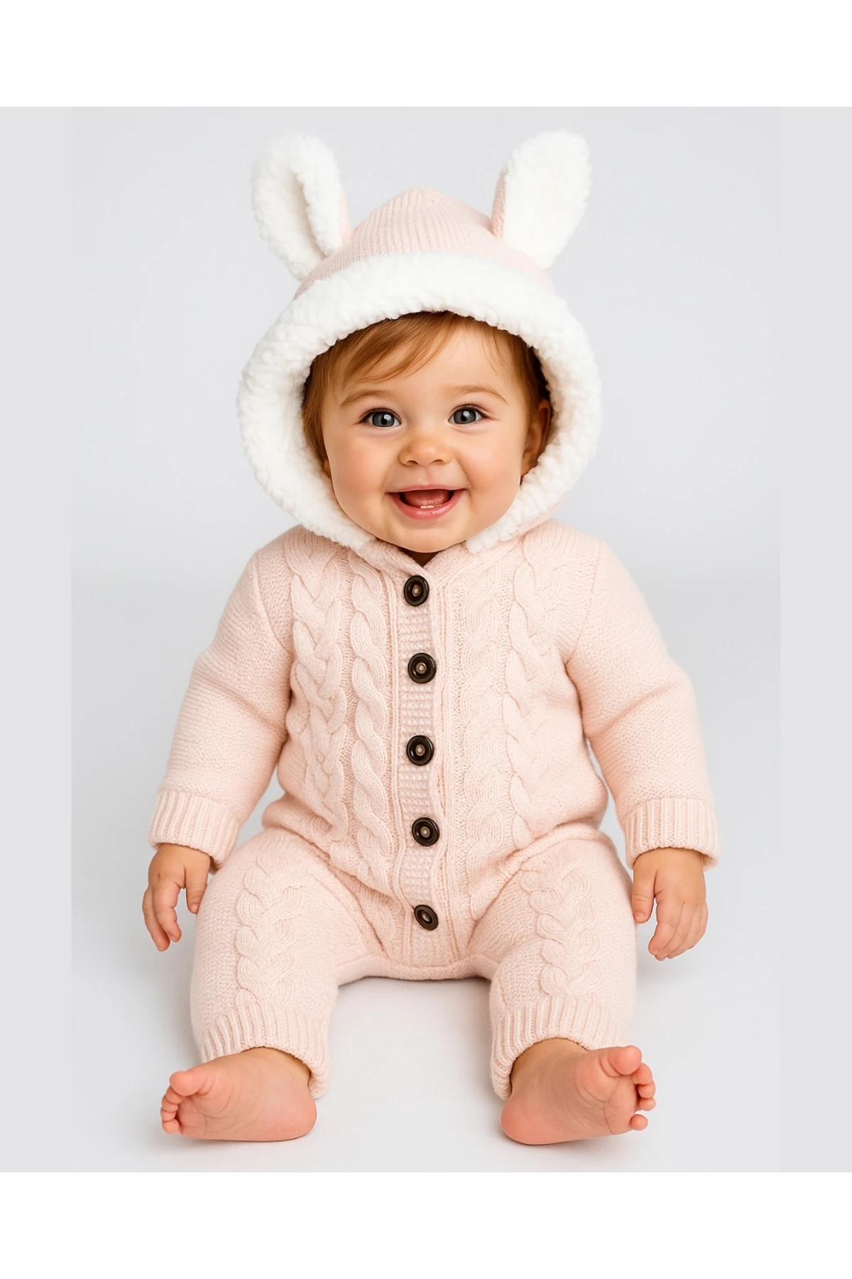 Kız Bebek Şeker Pembe Triko Tulum – Peluş Astarlı Kapüşonlu Kışlık (6-24 Ay)