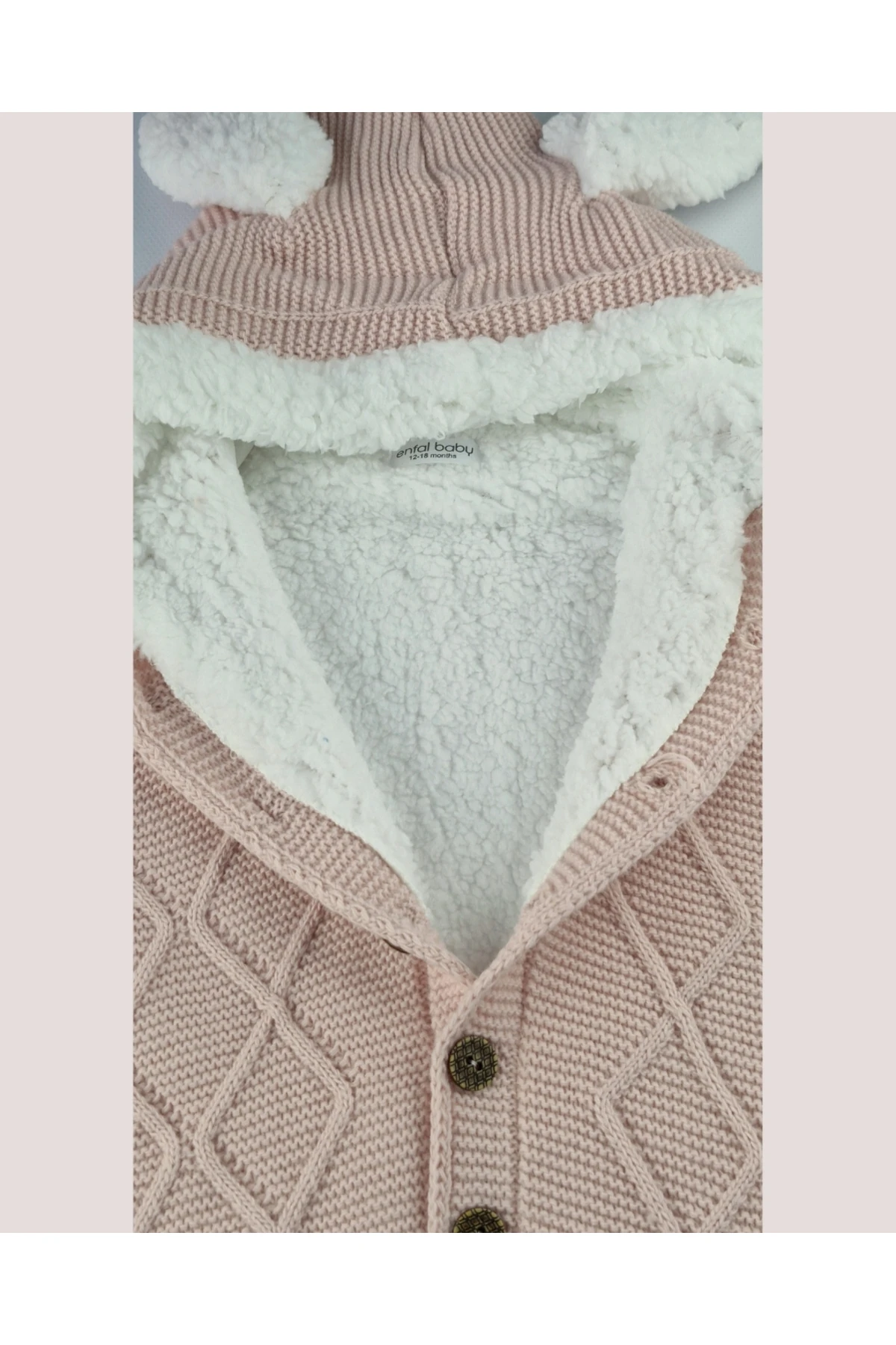 Kız Bebek Pudra Pembe Triko Tulum – Peluş Astarlı Kapüşonlu Kışlık (6-24 Ay)