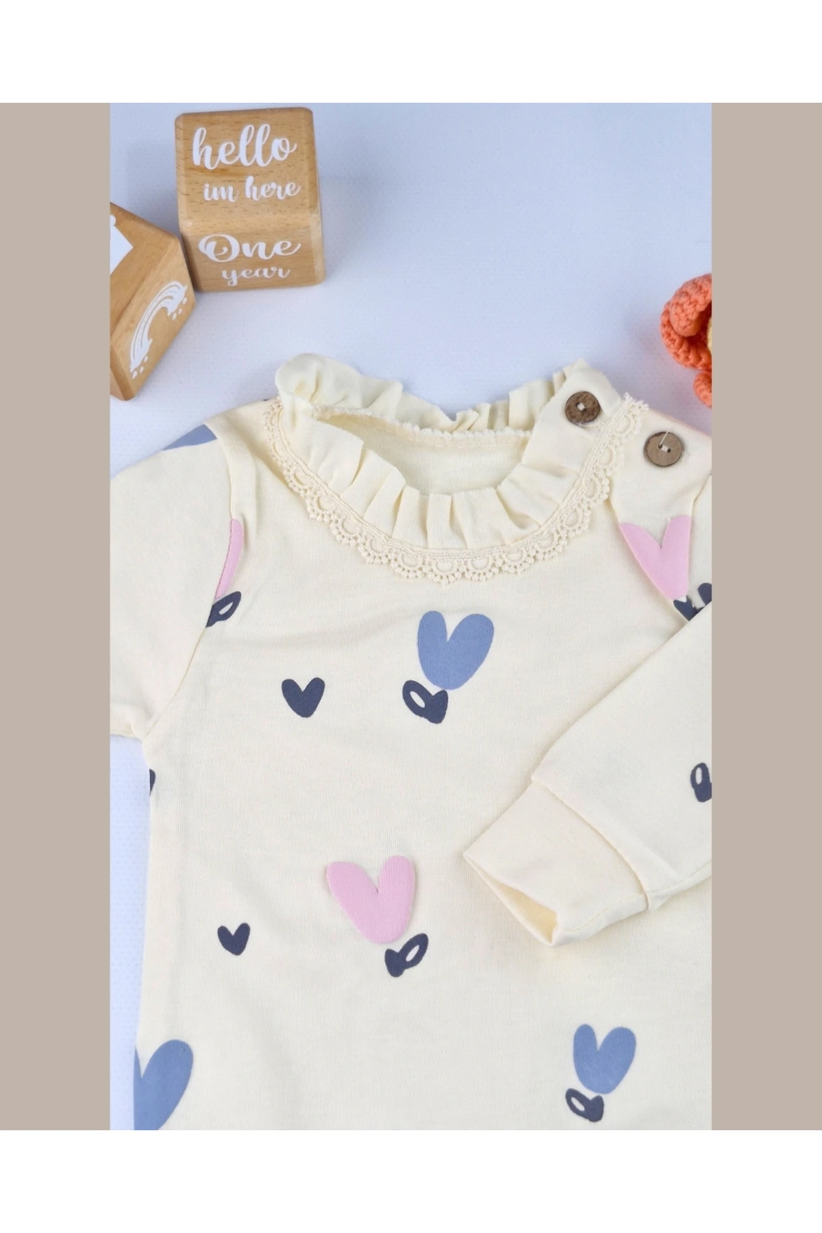 Asliva Kız Bebek Krem Kalp Desenli Fırfırlı Üst & Pembe Tayt Takım 6-18 Ay