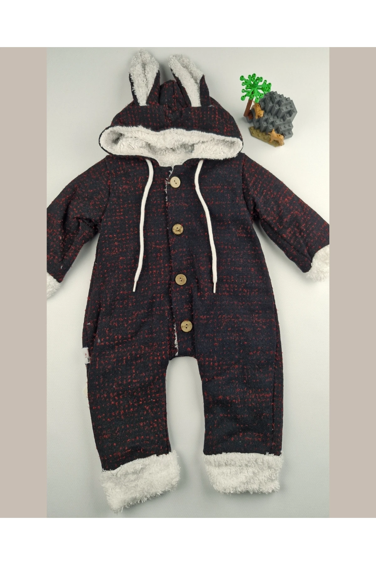 Pamuklu Welsoft Bebek Tulumu Tavşan Kulaklı Kapüşonlu & Düğmeli Siyah - 9-24 Ay