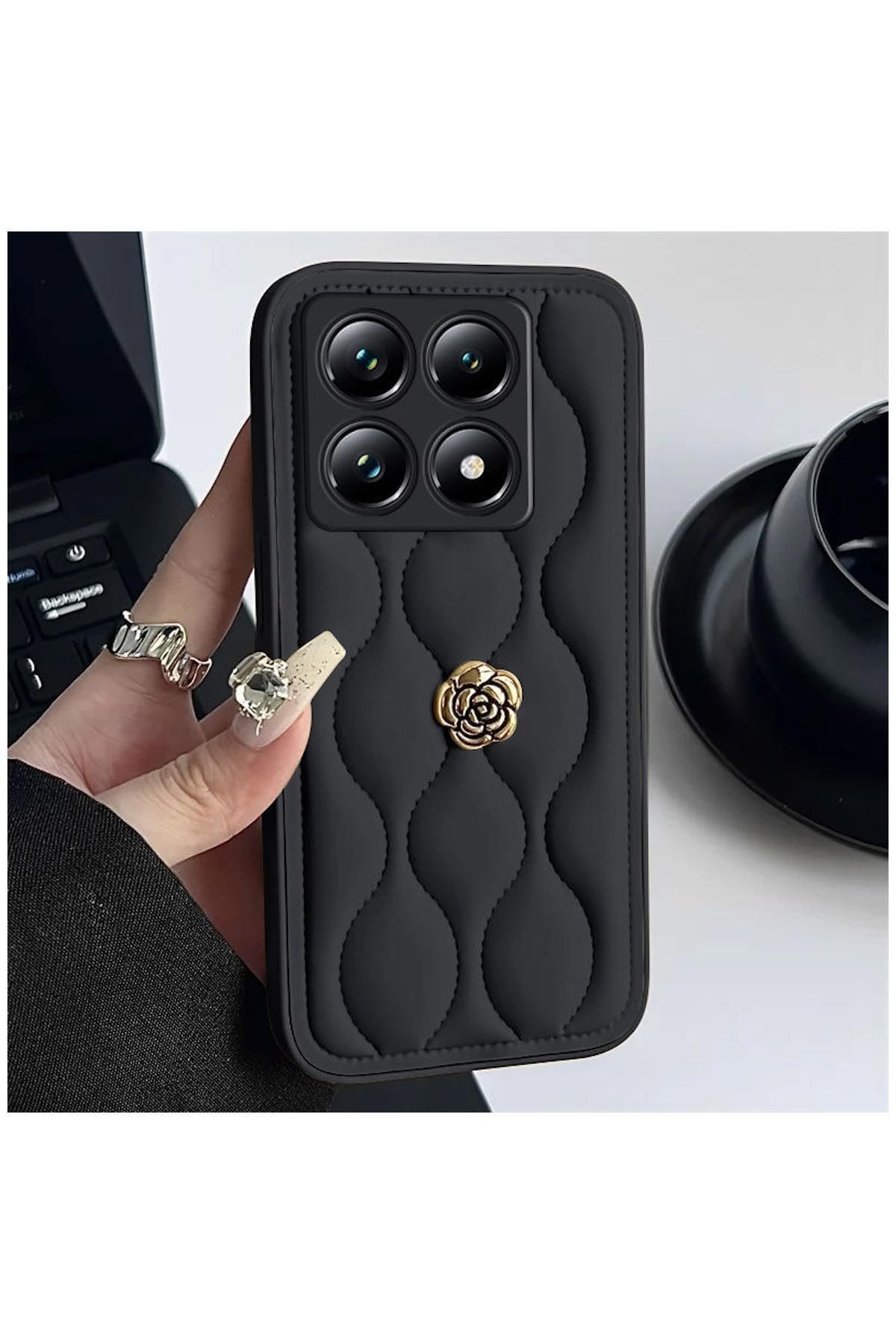 Xiaomi Mi 14T Uyumlu Kılıf Zebana Camellia Deri Kılıf Siyah
