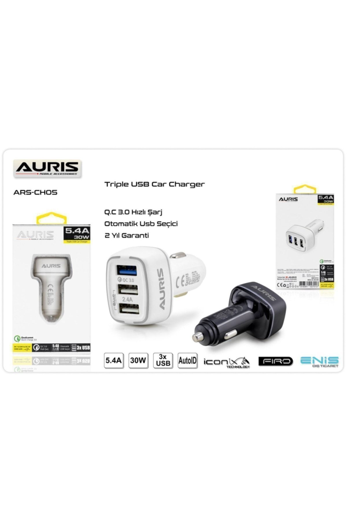 Araç Şarj Cihazı Oto Çakmaklık Şarj Aleti 3 Port Usb Hızlı Şarj 5.4 A 30w Qc