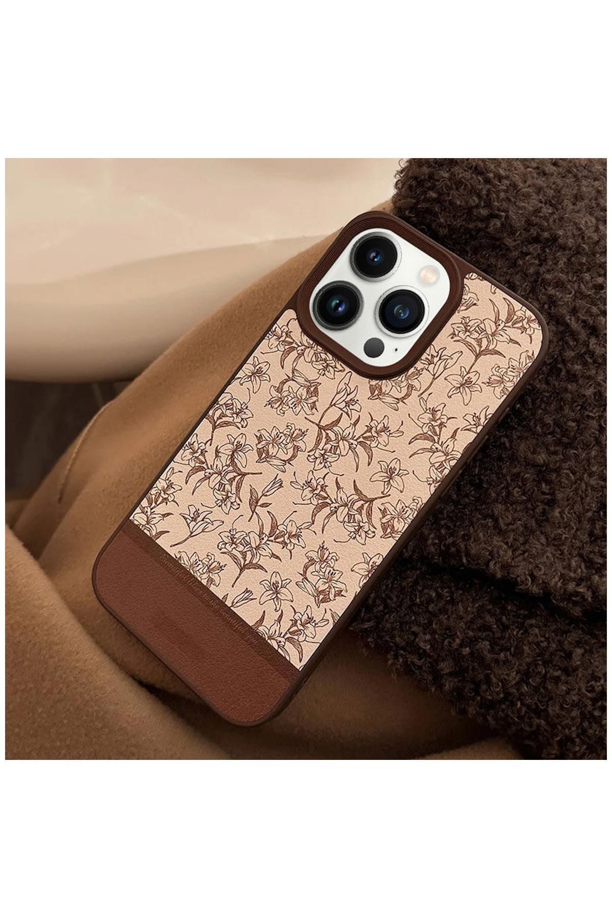 Apple iPhone 16 Pro Max Uyumlu Kılıf Zebana Lily Flowers Silikon Kılıf Açık Kahverengi