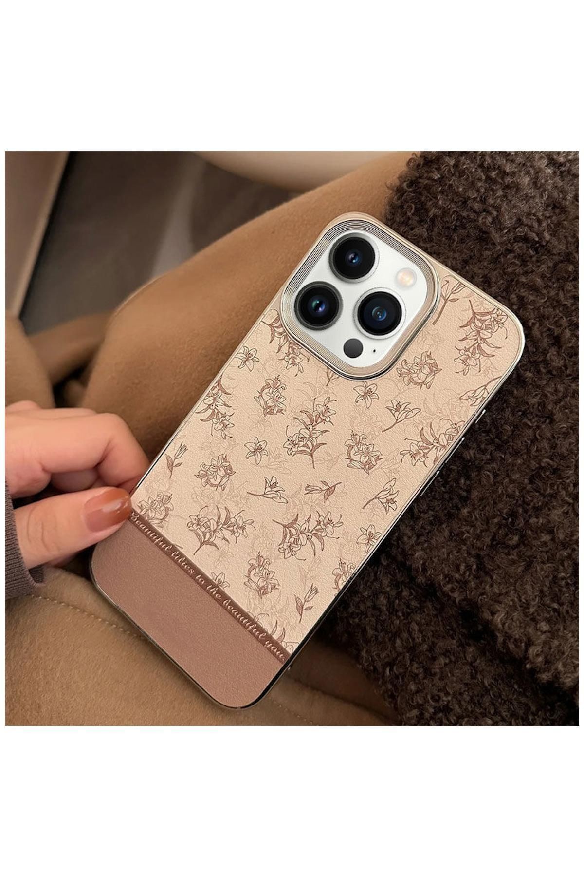 Apple iPhone 16 Pro Max Uyumlu Kılıf Zebana Lily Flowers Silikon Kılıf Açık Kahverengi