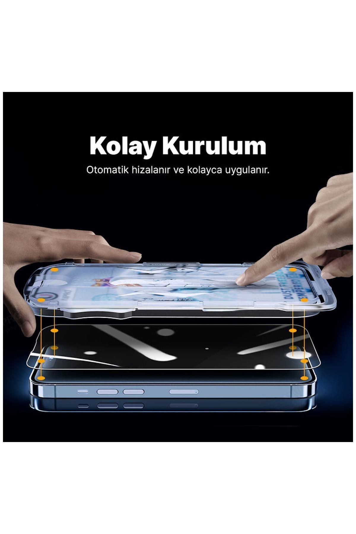 Apple Iphone 15 Pro Max Uyumlu Kolay Takma Aparatlı Cam Ekran Koruyucu Siyah