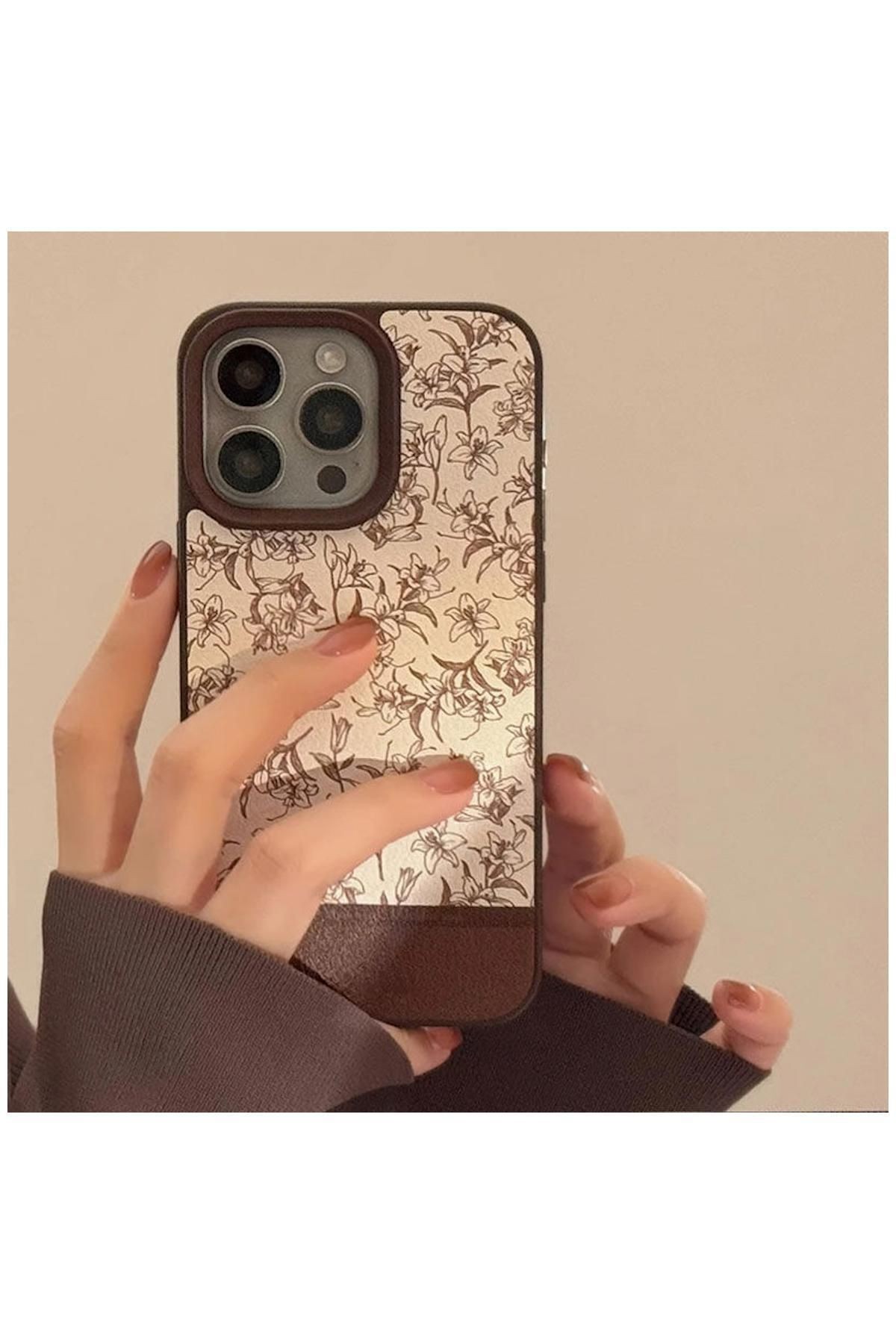Apple iPhone 16 Pro Max Uyumlu Kılıf Zebana Lily Flowers Silikon Kılıf Açık Kahverengi