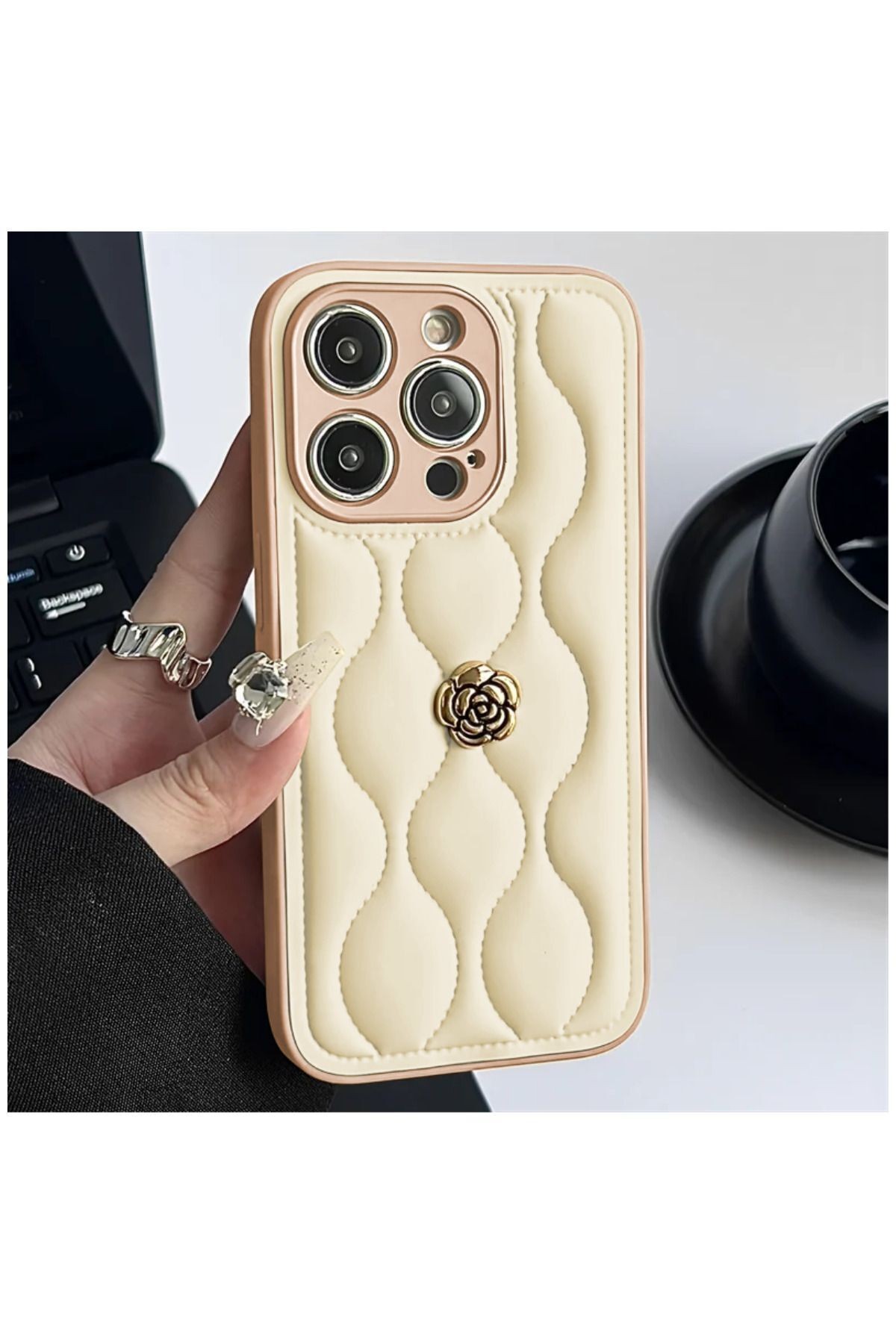 Apple iPhone 14 Pro Uyumlu Kılıf Zebana Camellia Deri Kılıf Bej