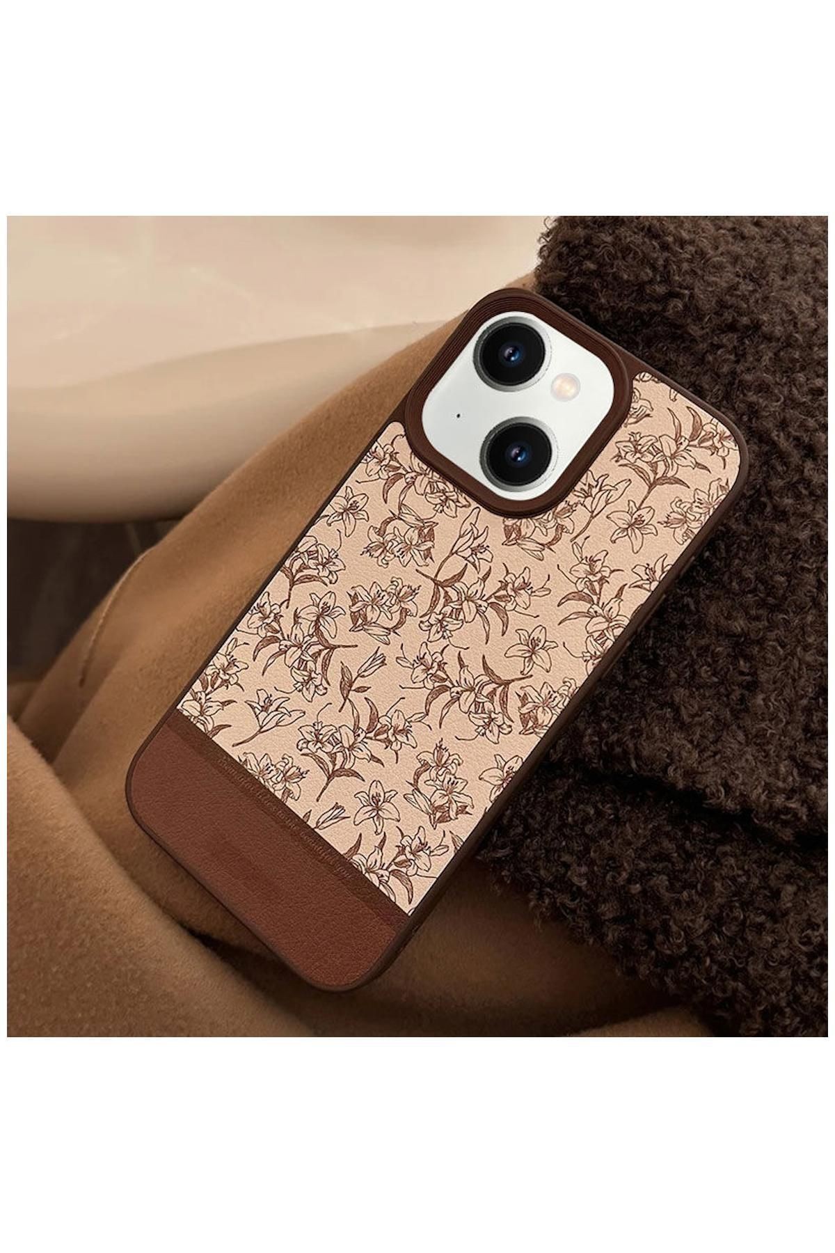 Apple iPhone 15 Uyumlu Kılıf Zebana Lily Flowers Silikon Kılıf Açık Kahverengi